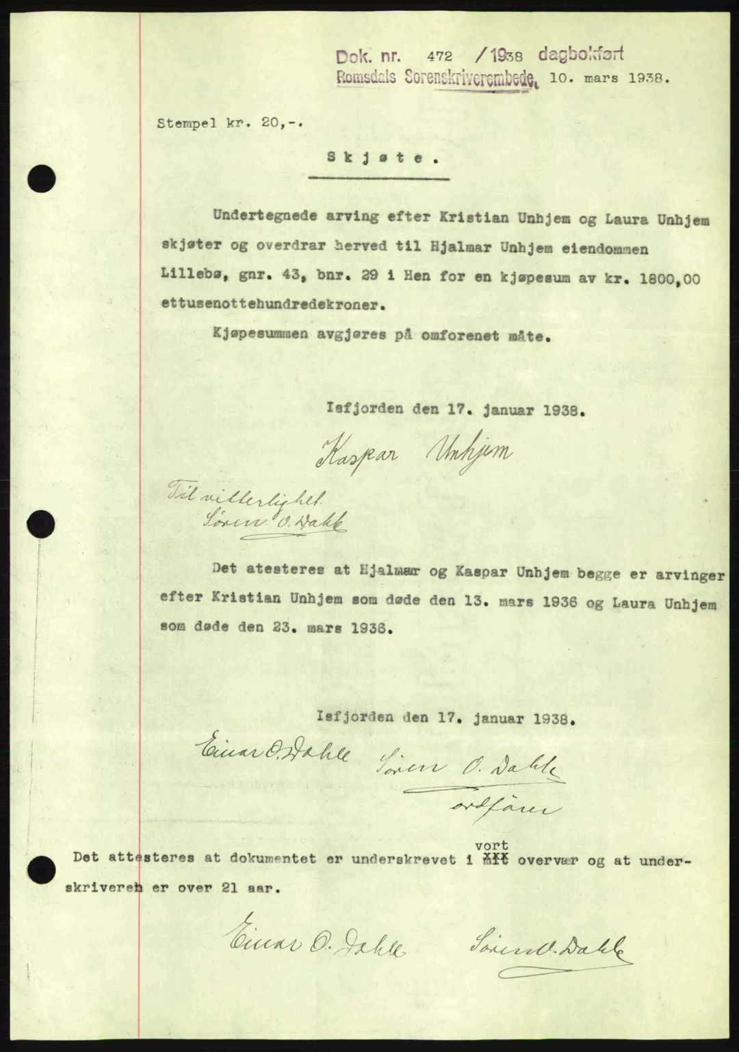 Romsdal sorenskriveri, AV/SAT-A-4149/1/2/2C: Pantebok nr. A4, 1937-1938, Dagboknr: 472/1938