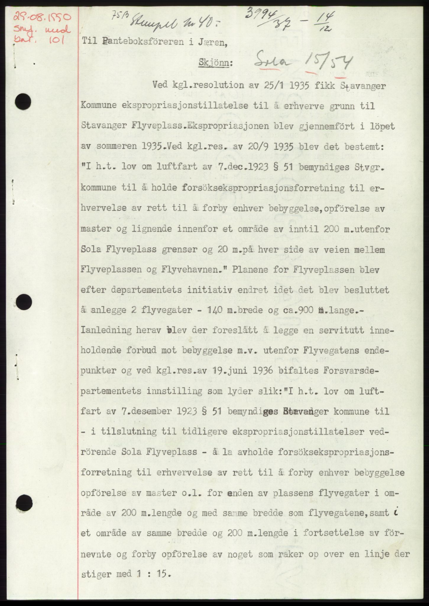 Jæren sorenskriveri, SAST/A-100310/03/G/Gba/L0069: Pantebok, 1937-1937, Dagboknr: 3994/1937