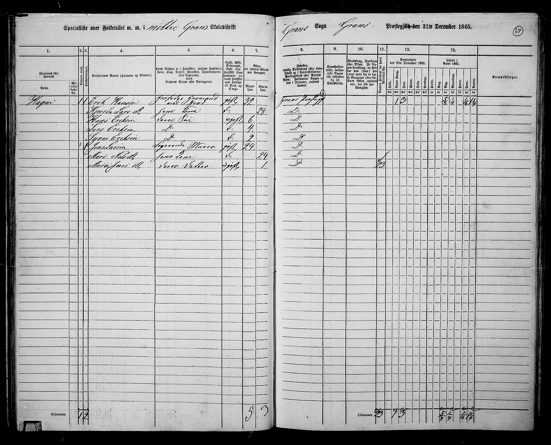 RA, Folketelling 1865 for 0534P Gran prestegjeld, 1865, s. 60