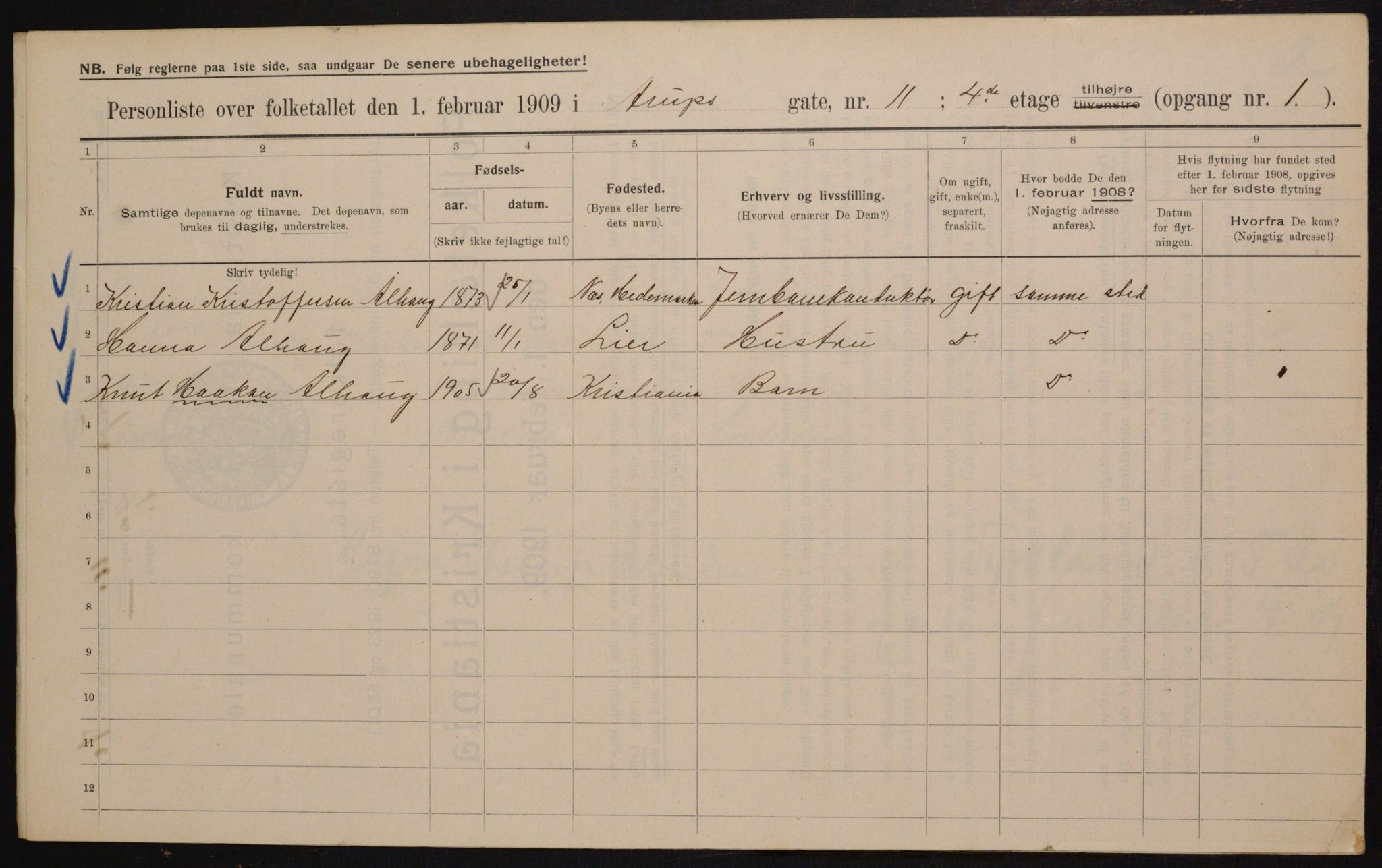 OBA, Kommunal folketelling 1.2.1909 for Kristiania kjøpstad, 1909, s. 2133
