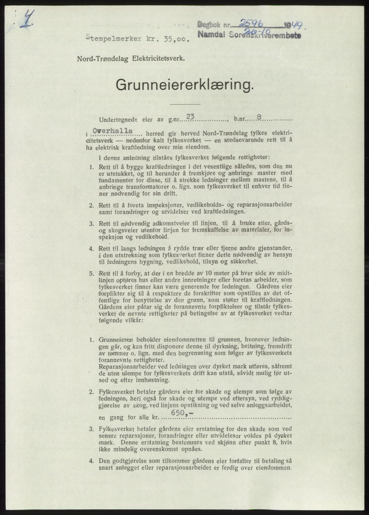 Namdal sorenskriveri, SAT/A-4133/1/2/2C: Pantebok nr. -, 1949-1949, Dagboknr: 2596/1949