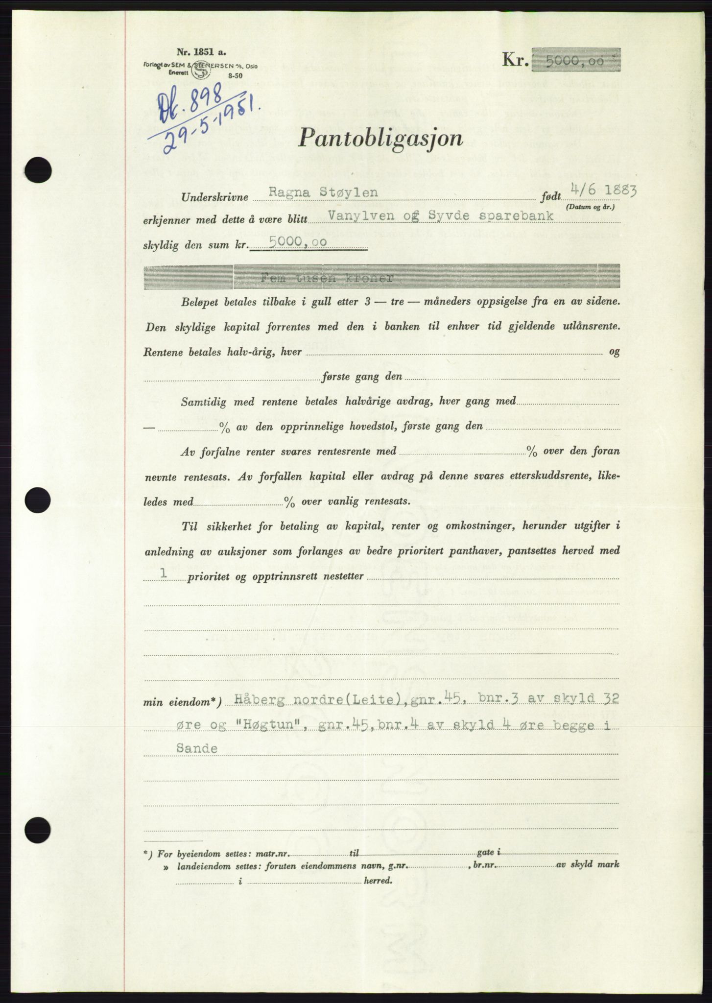 Søre Sunnmøre sorenskriveri, AV/SAT-A-4122/1/2/2C/L0120: Pantebok nr. 8B, 1951-1951, Dagboknr: 898/1951