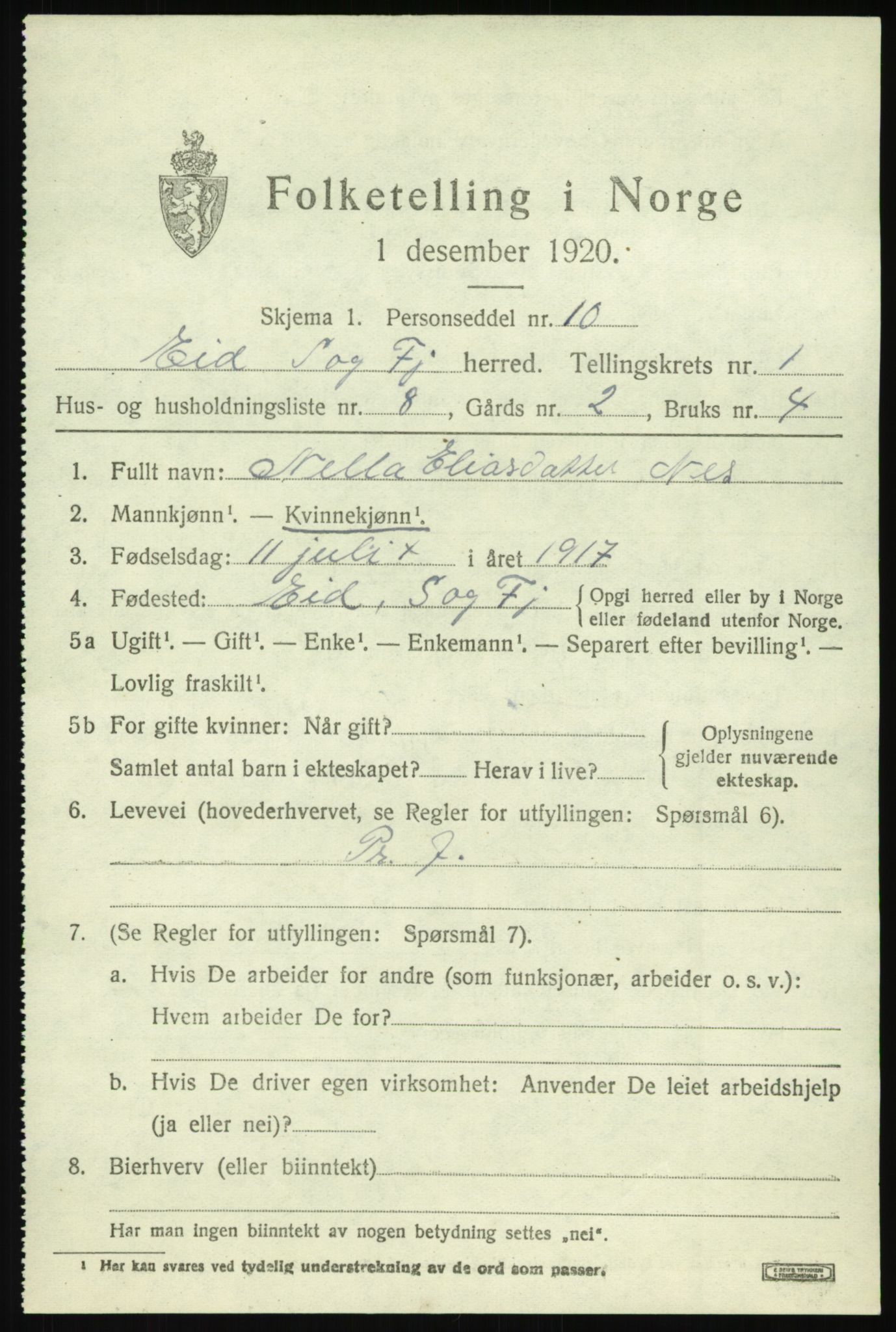 SAB, Folketelling 1920 for 1443 Eid herred, 1920, s. 1260