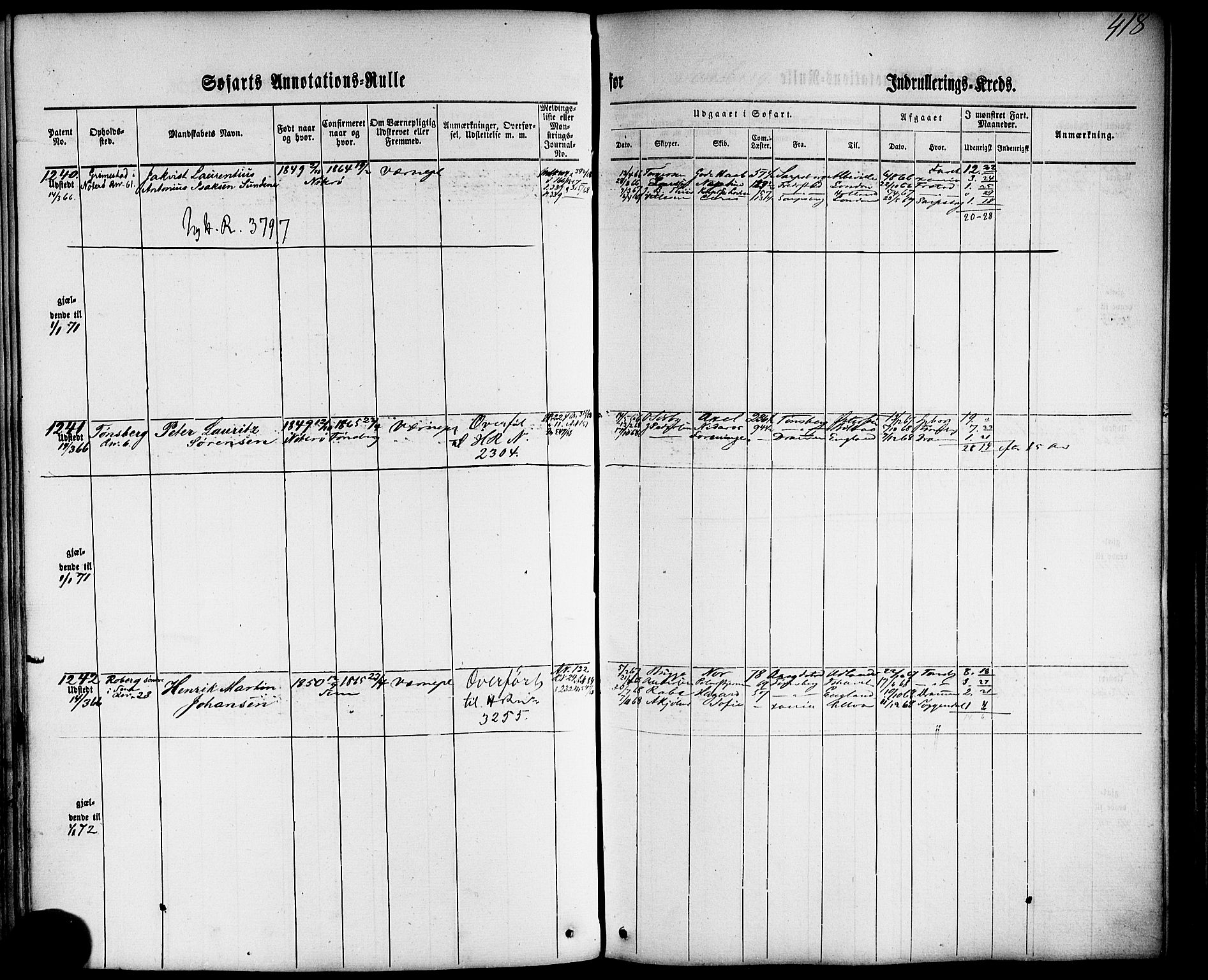 Tønsberg innrulleringskontor, AV/SAKO-A-786/F/Fb/L0001: Annotasjonsrulle Patent nr. 1-1724, 1860-1868, s. 437