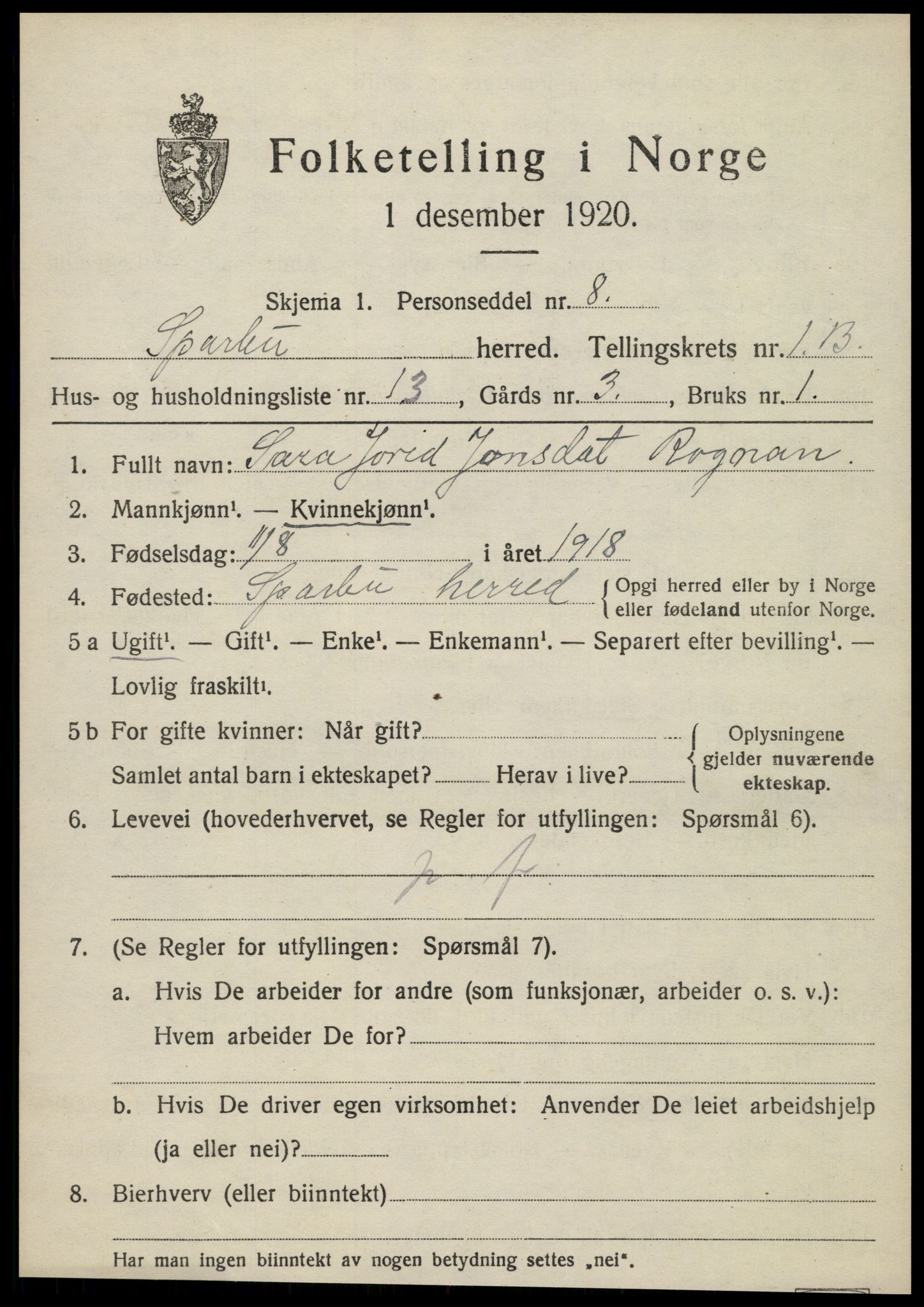 SAT, Folketelling 1920 for 1731 Sparbu herred, 1920, s. 2083