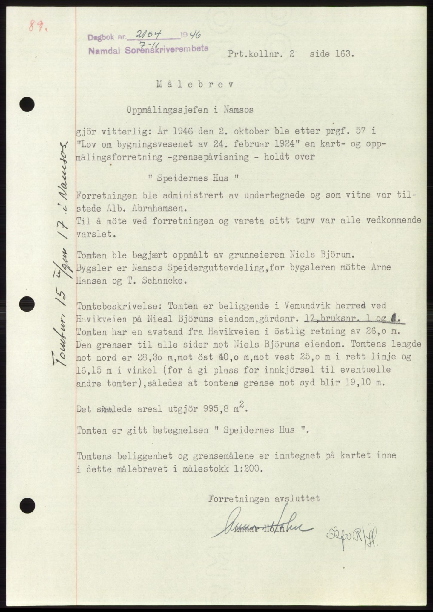 Namdal sorenskriveri, SAT/A-4133/1/2/2C: Pantebok nr. -, 1946-1947, Dagboknr: 2154/1946