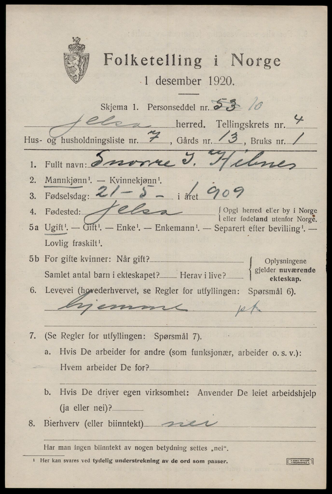 SAST, Folketelling 1920 for 1138 Jelsa herred, 1920, s. 1282