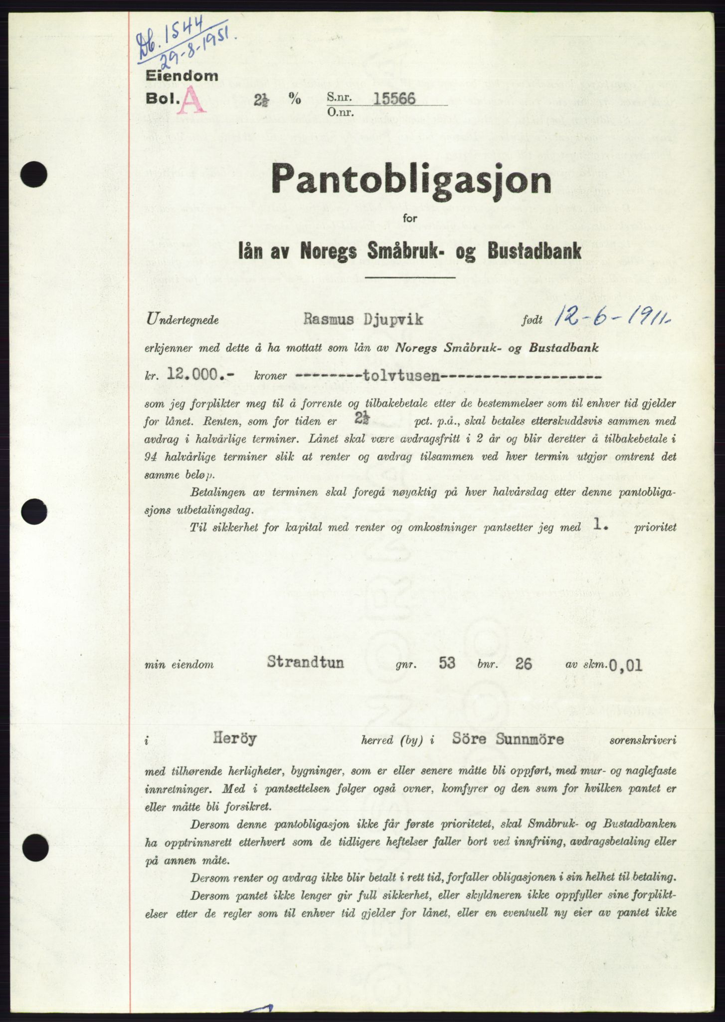 Søre Sunnmøre sorenskriveri, AV/SAT-A-4122/1/2/2C/L0120: Pantebok nr. 8B, 1951-1951, Dagboknr: 1544/1951