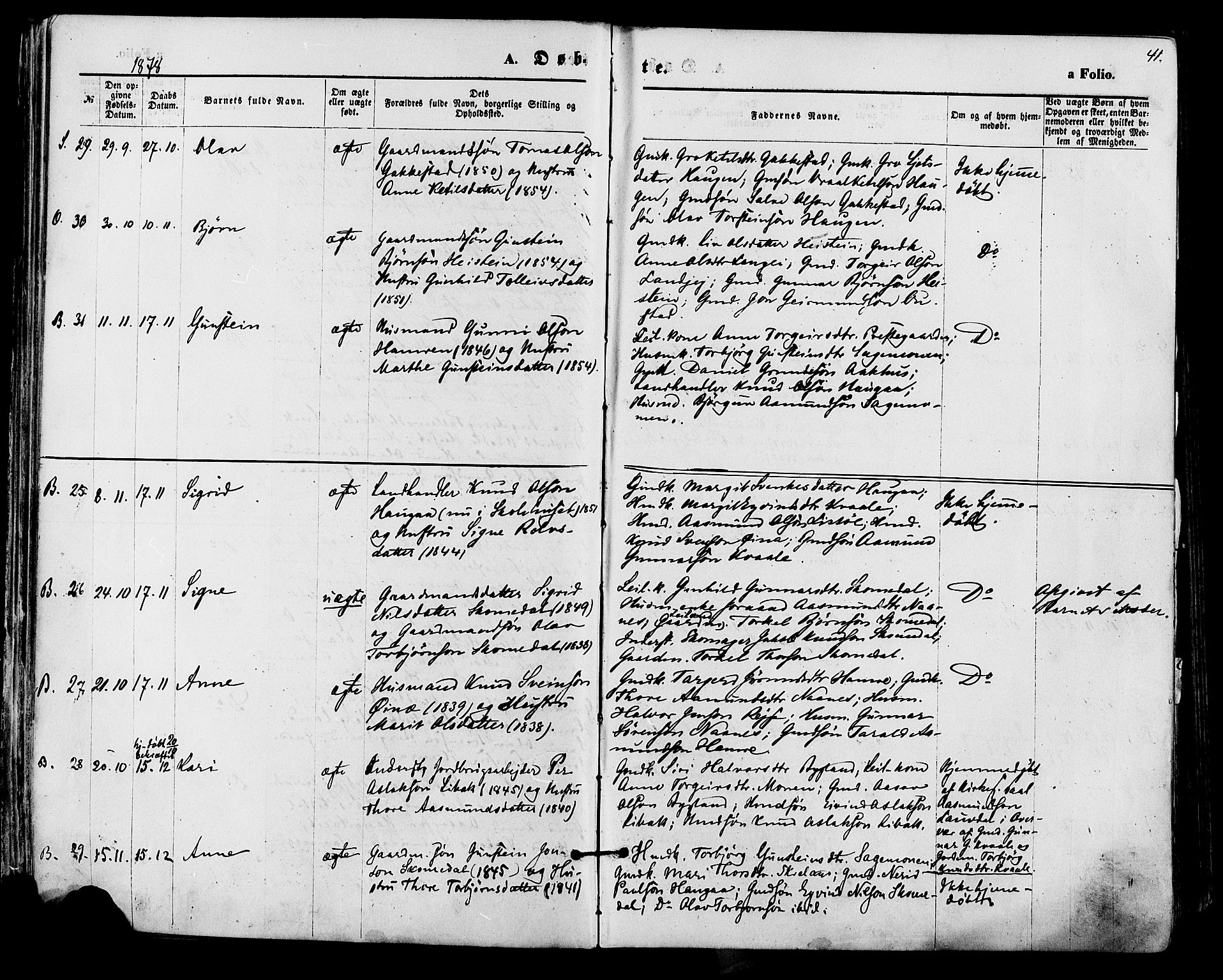 Bygland sokneprestkontor, AV/SAK-1111-0006/F/Fa/Fab/L0006: Ministerialbok nr. A 6, 1873-1884, s. 41