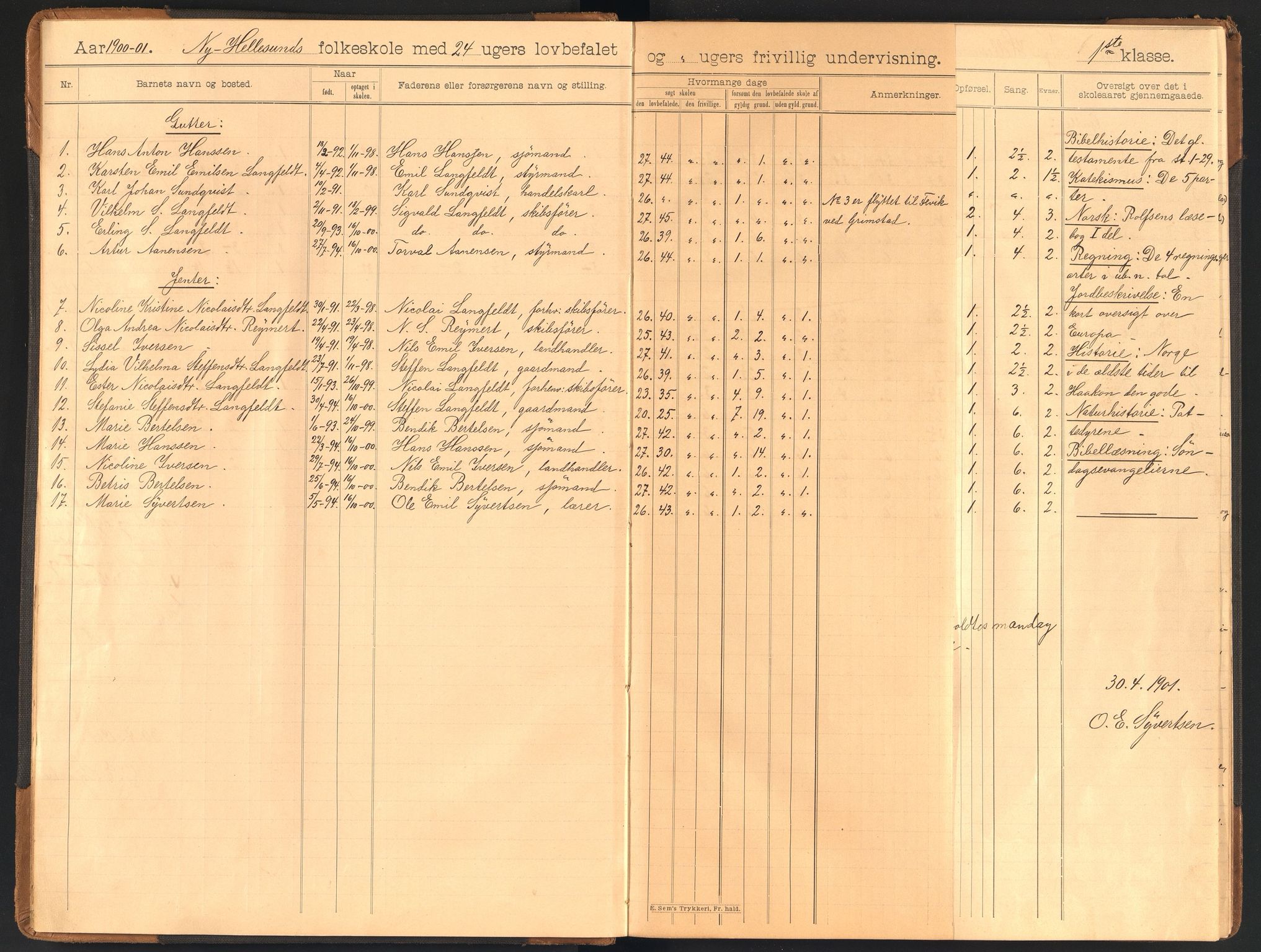 Søgne kommune - Ny Hellesund Krets, ARKSOR/1018SØ556/H/L0002: Skoleprotokoll (d), 1900-1922