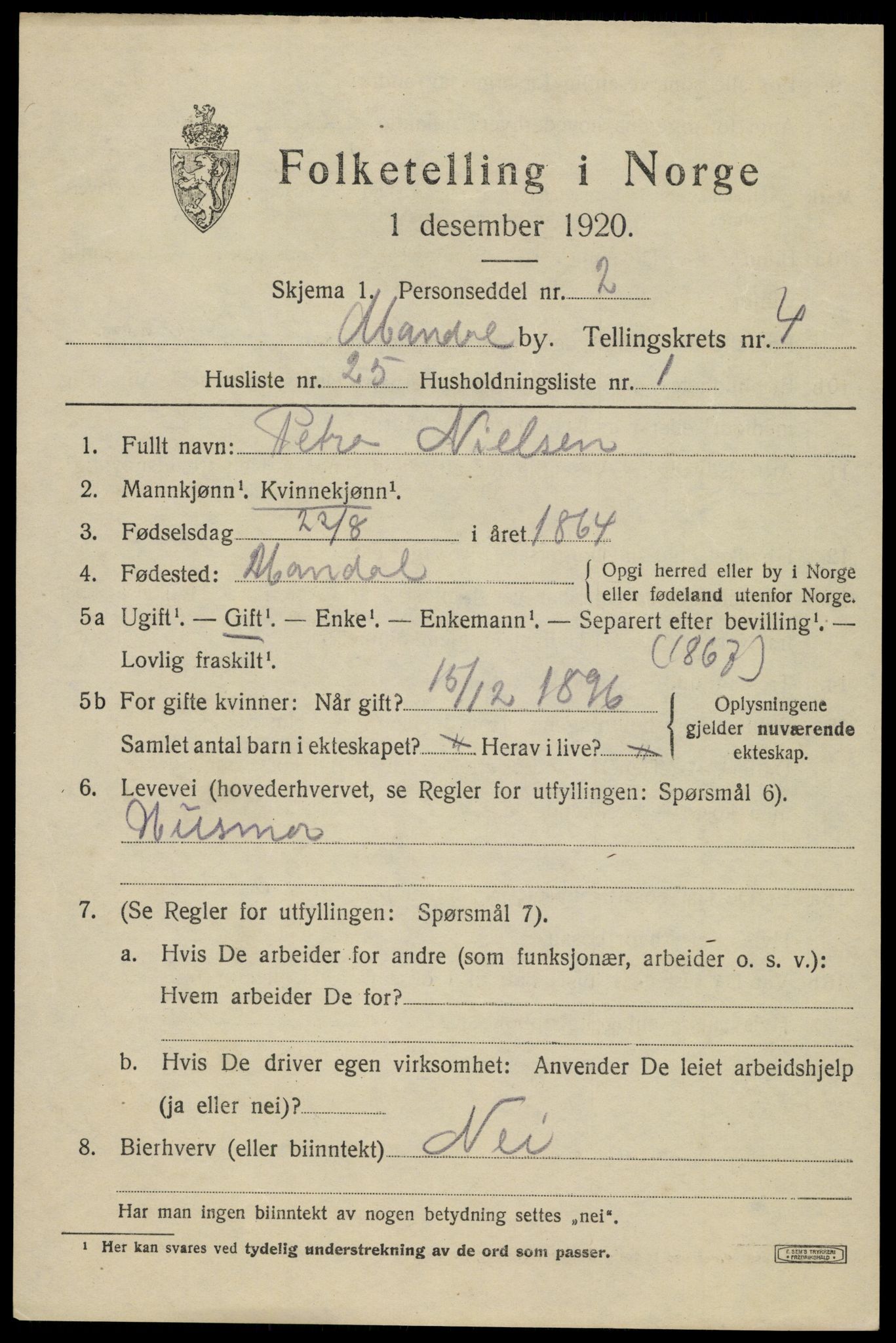 SAK, Folketelling 1920 for 1002 Mandal ladested, 1920, s. 7265