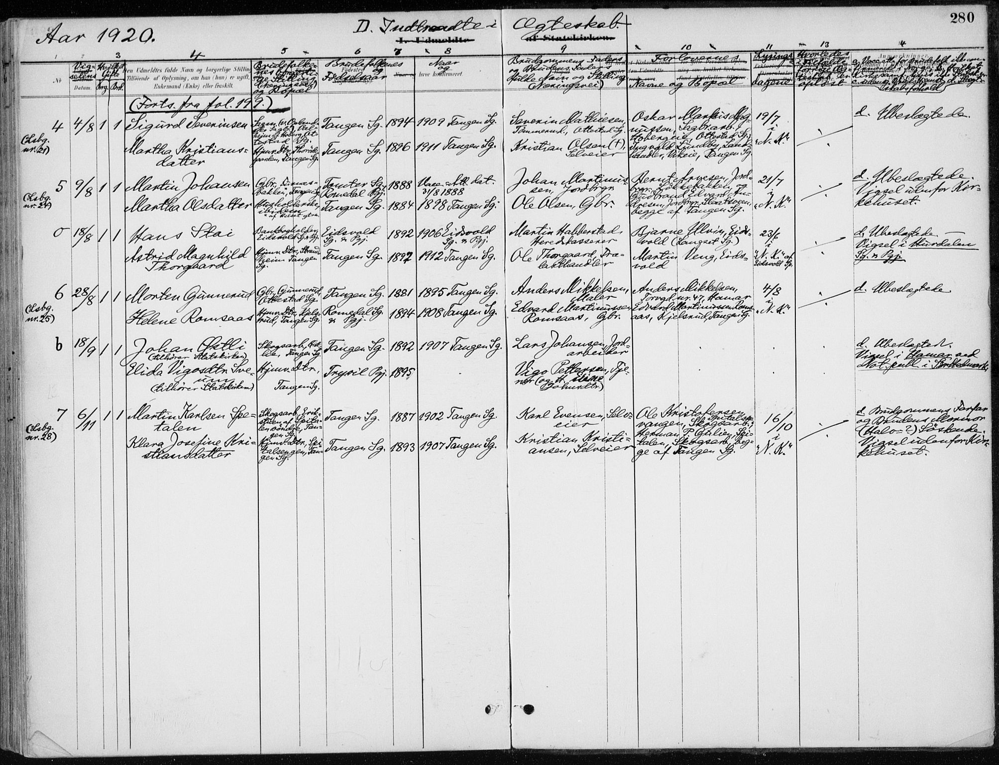 Stange prestekontor, SAH/PREST-002/K/L0023: Ministerialbok nr. 23, 1897-1920, s. 280