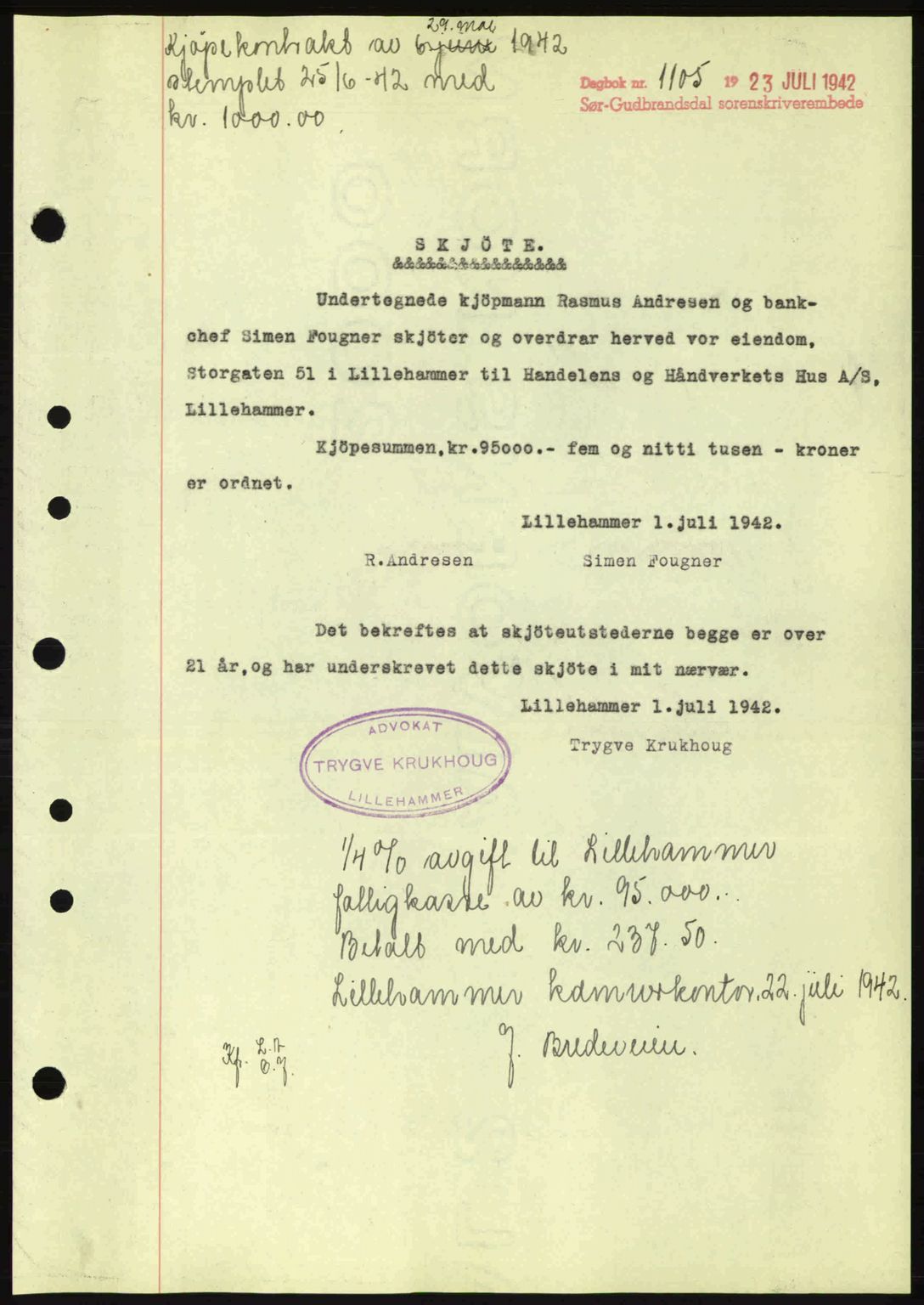 Sør-Gudbrandsdal tingrett, SAH/TING-004/H/Hb/Hbd/L0011: Pantebok nr. A11, 1942-1943, Dagboknr: 1105/1942