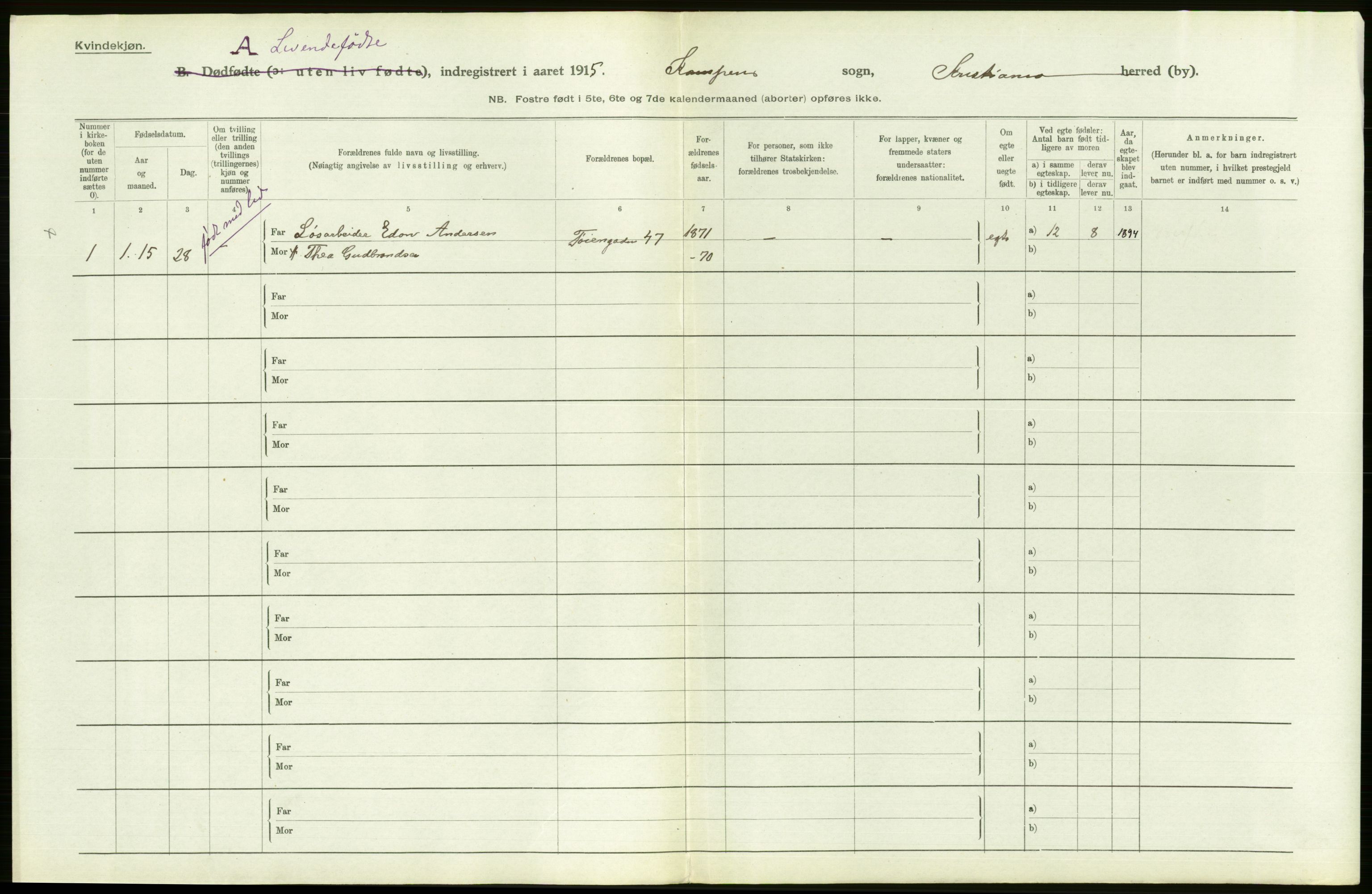 Statistisk sentralbyrå, Sosiodemografiske emner, Befolkning, AV/RA-S-2228/D/Df/Dfb/Dfbe/L0006: Kristiania: Levendefødte menn og kvinner., 1915, s. 504