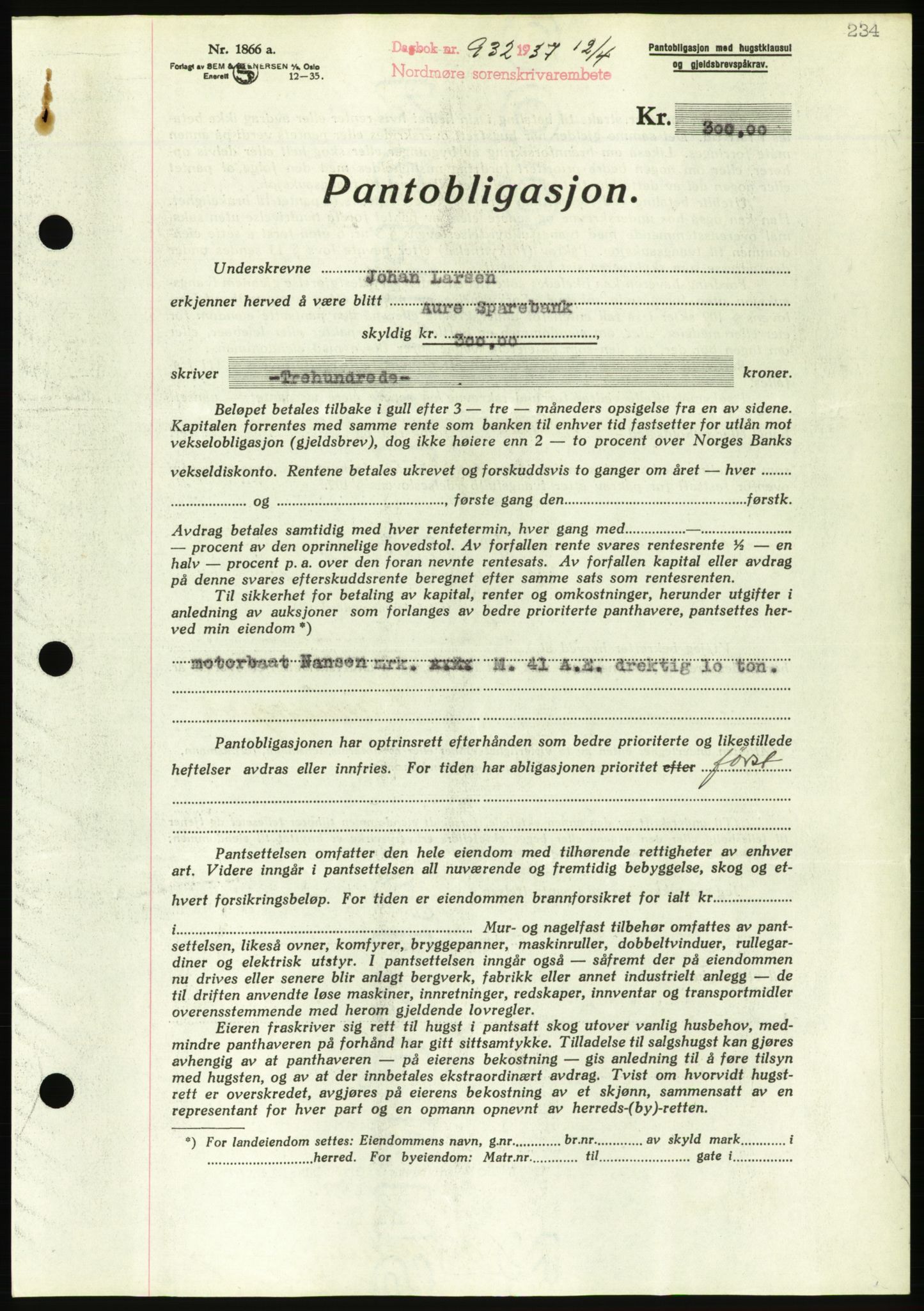 Nordmøre sorenskriveri, AV/SAT-A-4132/1/2/2Ca/L0091: Pantebok nr. B81, 1937-1937, Dagboknr: 932/1937