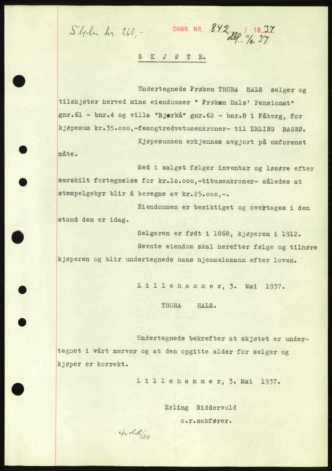Sør-Gudbrandsdal tingrett, SAH/TING-004/H/Hb/Hbd/L0002: Pantebok nr. A2, 1936-1937, Dagboknr: 842/1937