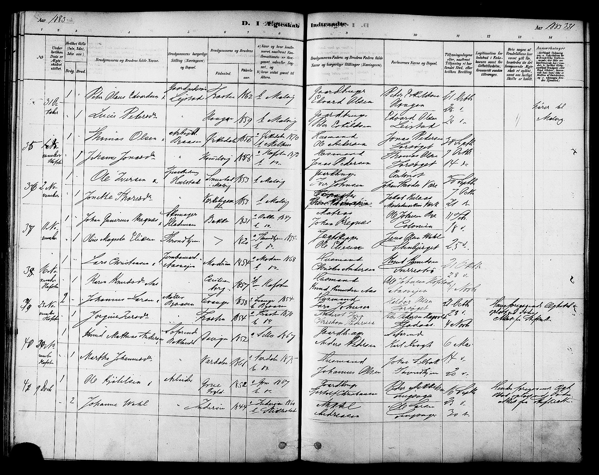 Ministerialprotokoller, klokkerbøker og fødselsregistre - Sør-Trøndelag, SAT/A-1456/606/L0294: Ministerialbok nr. 606A09, 1878-1886, s. 331
