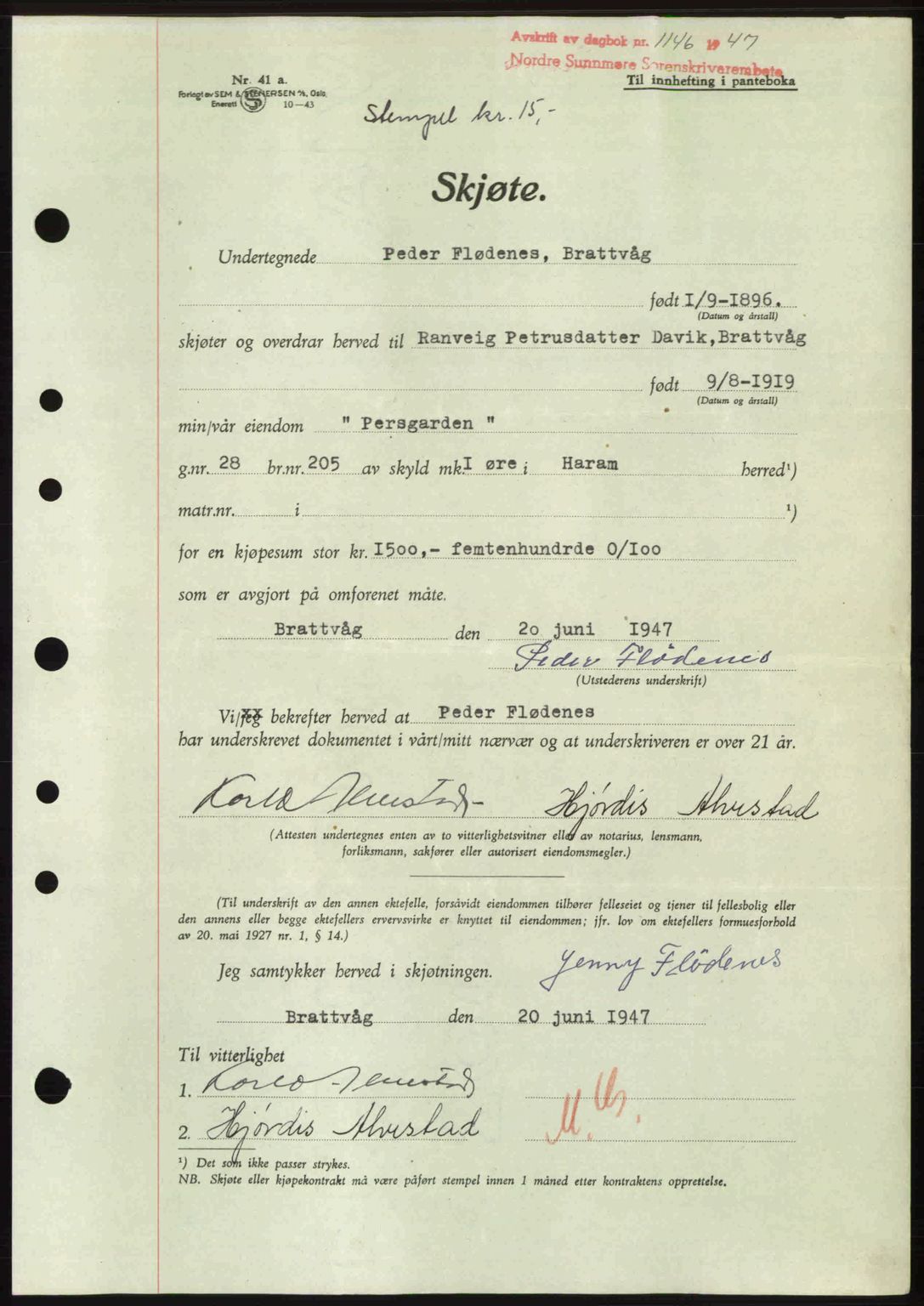 Nordre Sunnmøre sorenskriveri, AV/SAT-A-0006/1/2/2C/2Ca: Pantebok nr. A25, 1947-1947, Dagboknr: 1146/1947