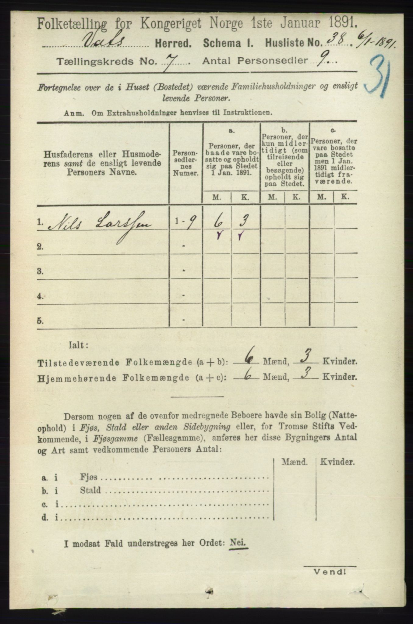 RA, Folketelling 1891 for 1155 Vats herred, 1891, s. 1097