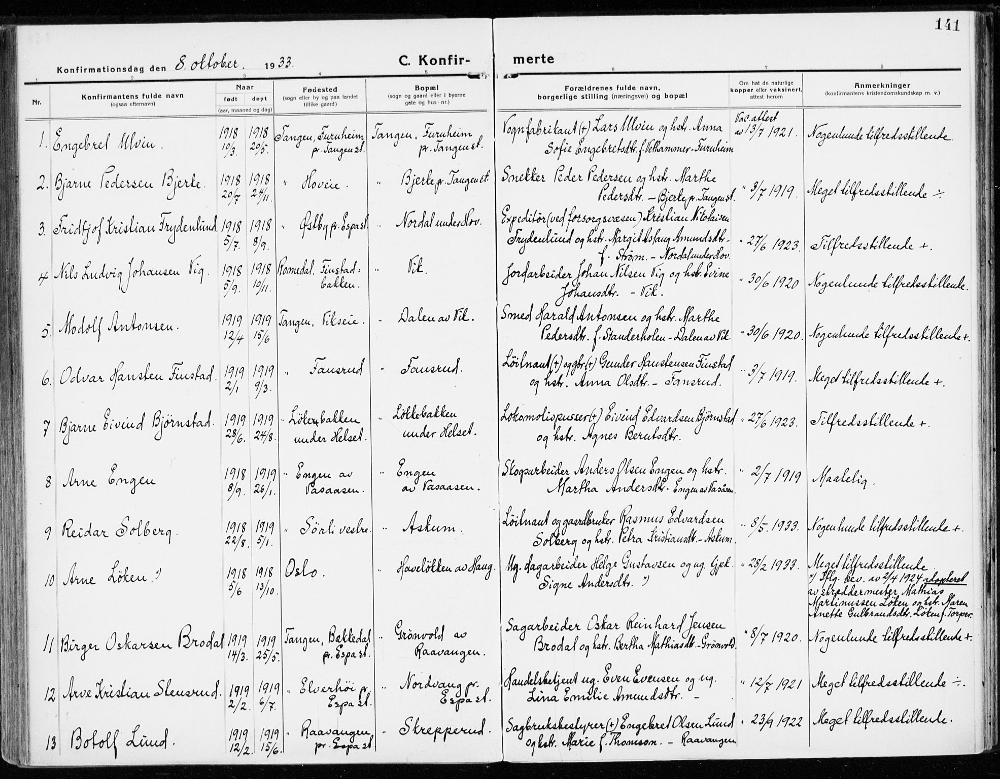 Stange prestekontor, SAH/PREST-002/K/L0025: Ministerialbok nr. 25, 1921-1945, s. 141