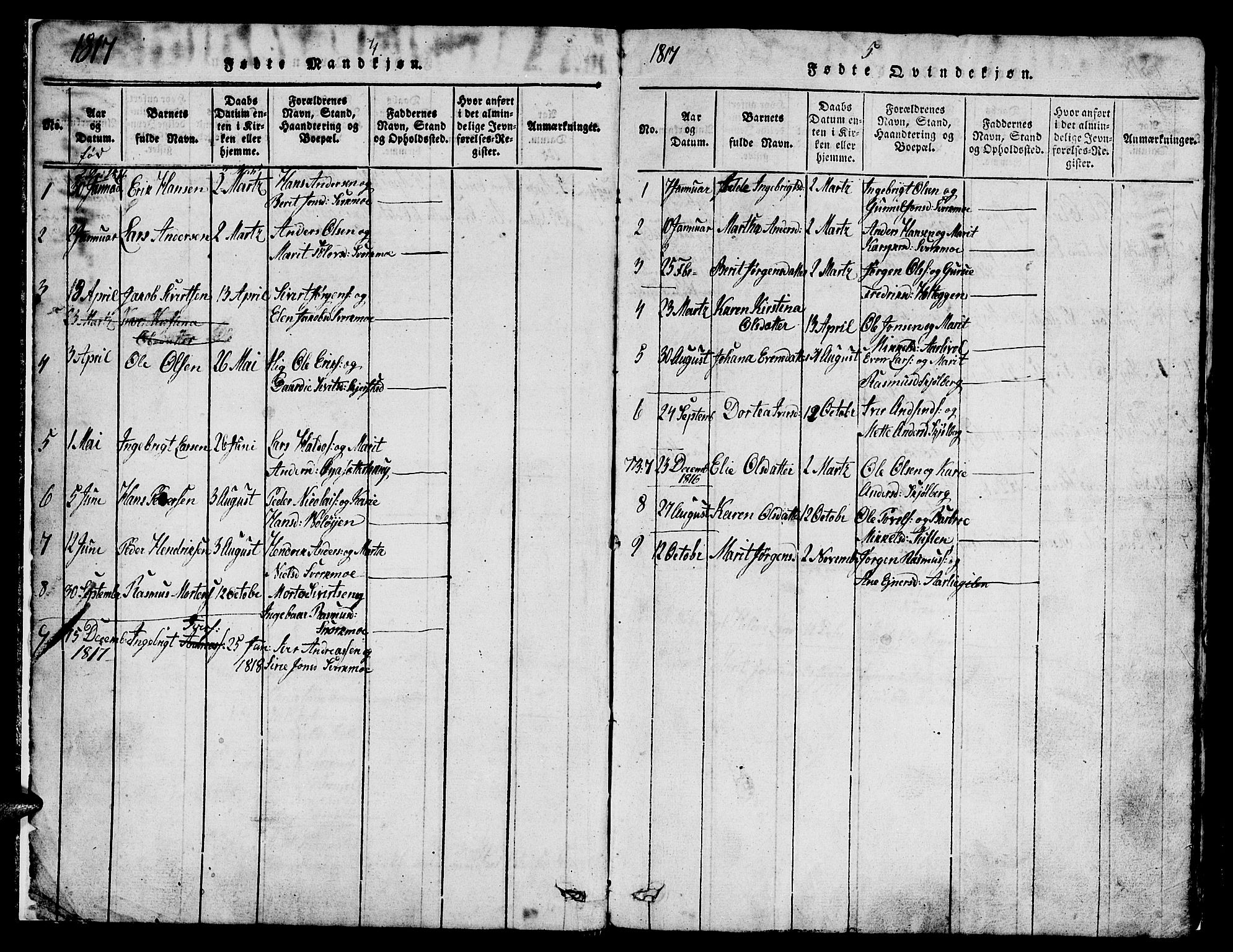 Ministerialprotokoller, klokkerbøker og fødselsregistre - Sør-Trøndelag, AV/SAT-A-1456/671/L0842: Klokkerbok nr. 671C01, 1816-1867, s. 4-5