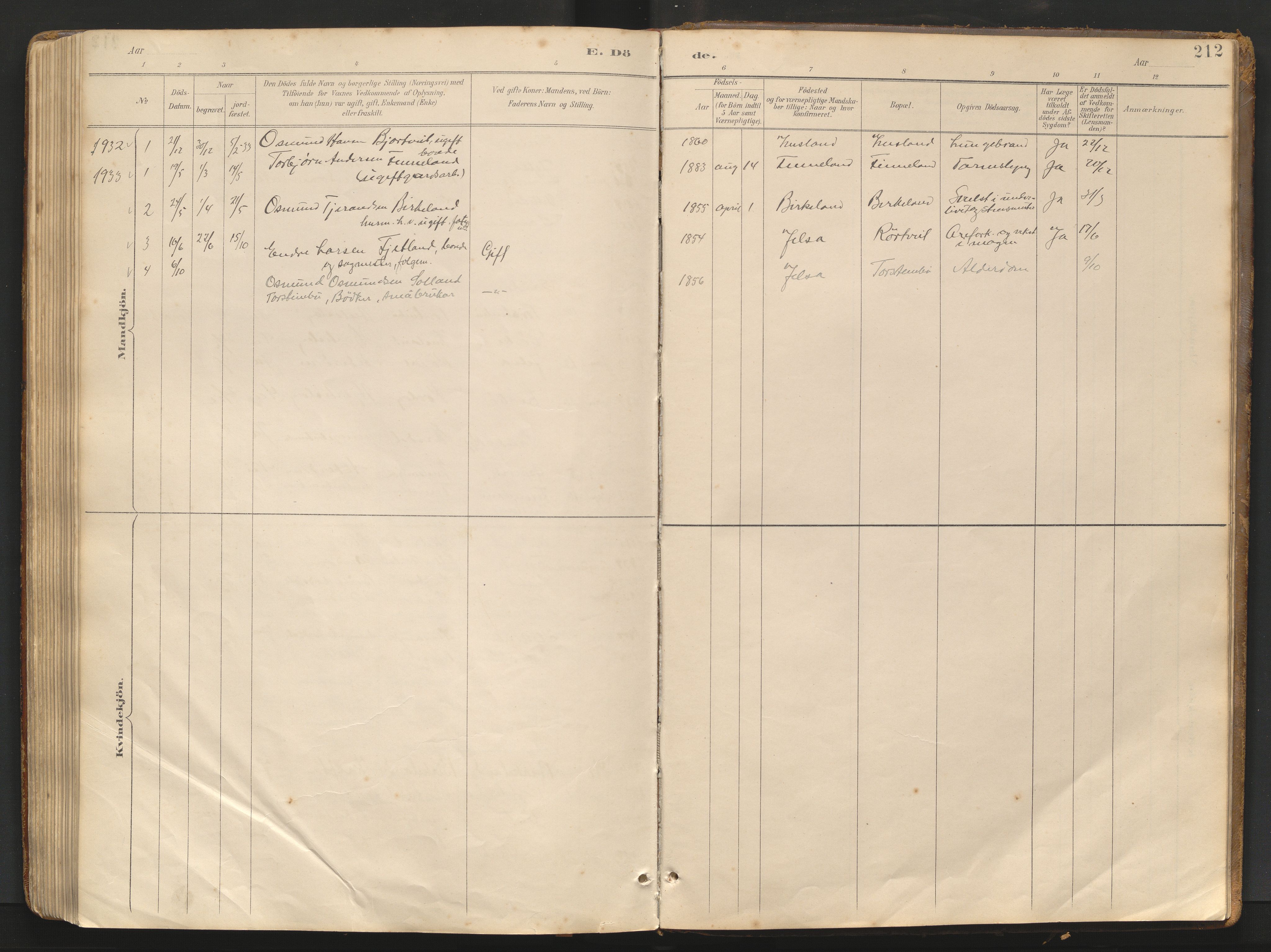 Vikedal sokneprestkontor, AV/SAST-A-101840/01/V/L0007: Klokkerbok nr. B 7, 1891-1974, s. 212