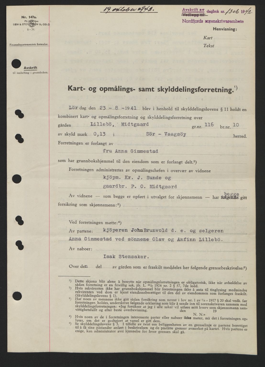 Nordfjord sorenskriveri, SAB/A-2801/02/02b/02bj/L0007: Pantebok nr. A7, 1941-1943, Dagboknr: 1306/1942