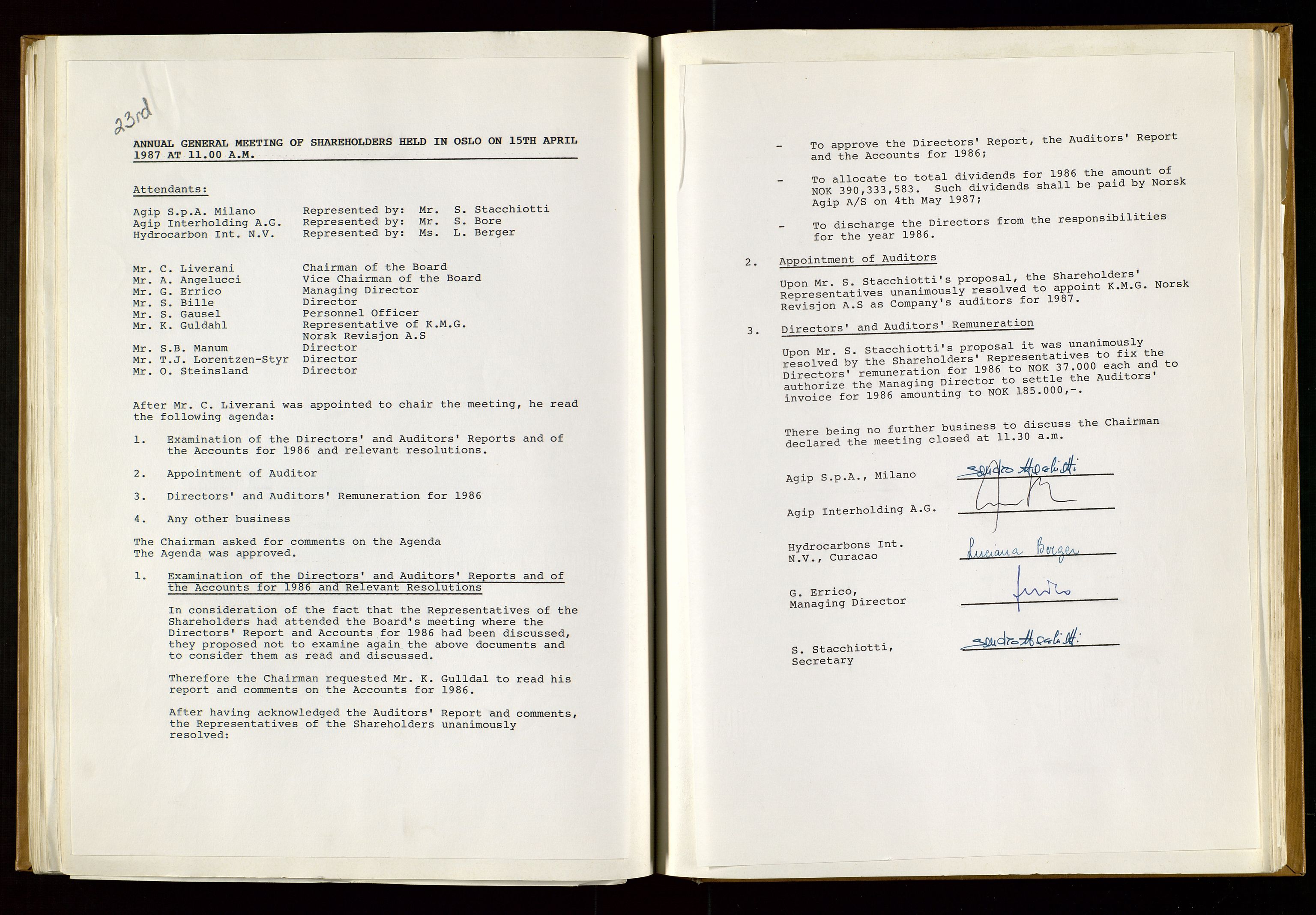 Pa 1583 - Norsk Agip AS, AV/SAST-A-102138/A/Aa/L0001: General assembly and Board of Directors meeting minutes, 1965-1990