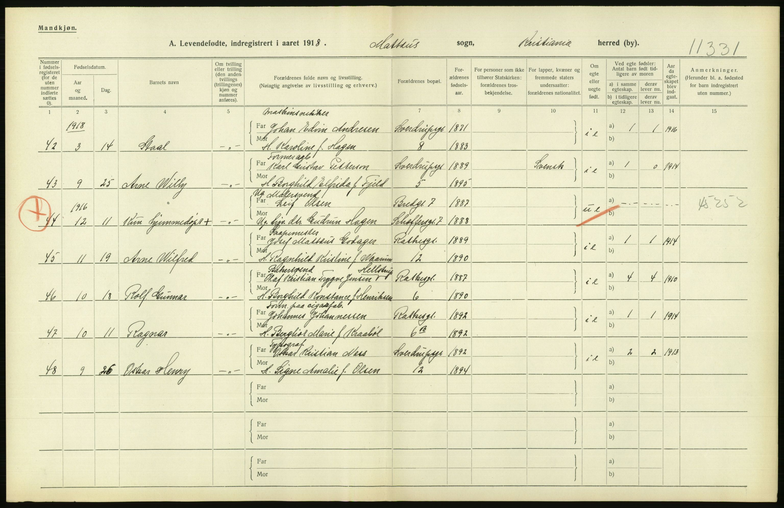 Statistisk sentralbyrå, Sosiodemografiske emner, Befolkning, AV/RA-S-2228/D/Df/Dfb/Dfbh/L0008: Kristiania: Levendefødte menn og kvinner., 1918, s. 70