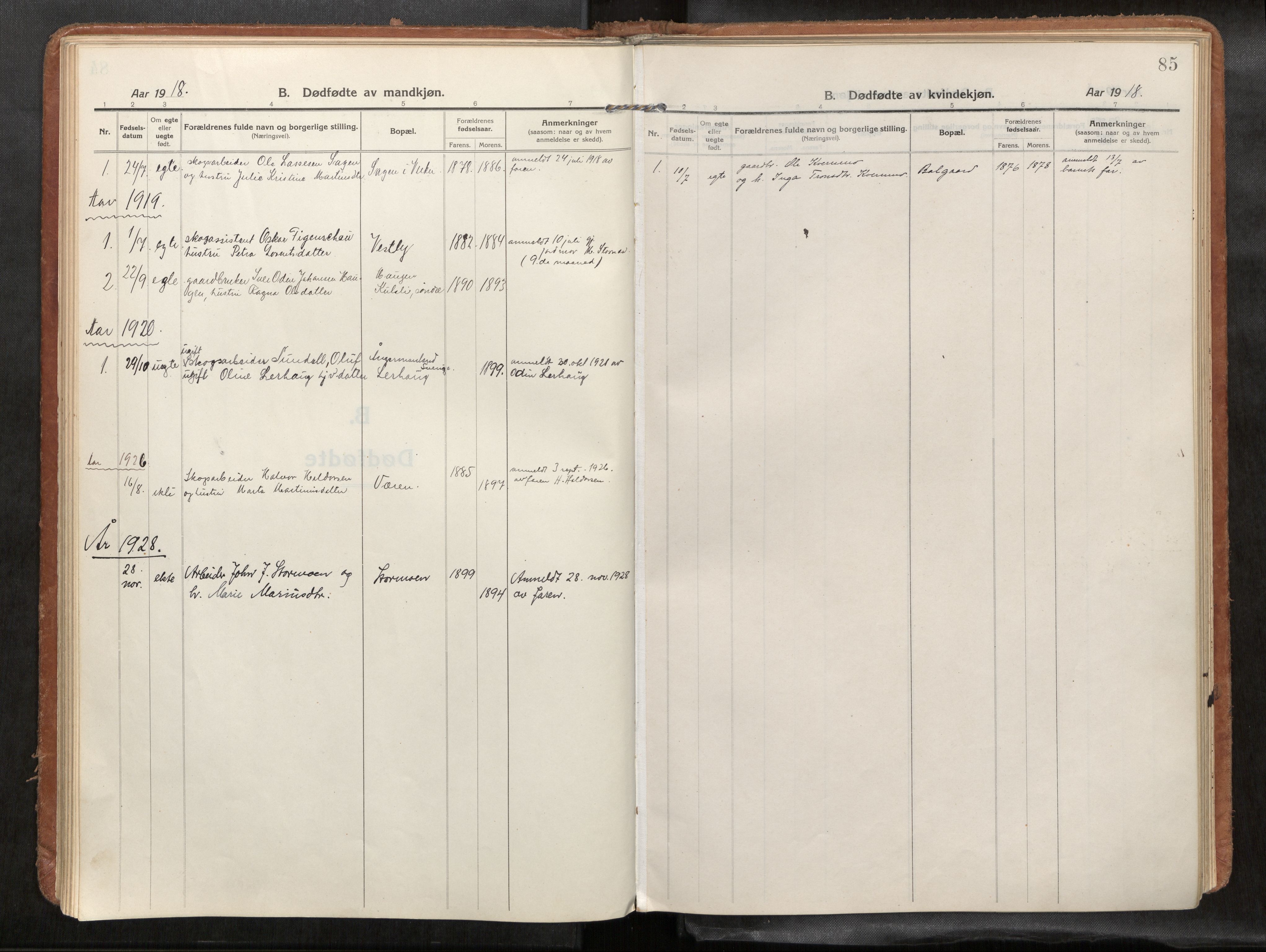 Verdal sokneprestkontor, SAT/A-1156/2/H/Haa/L0004: Ministerialbok nr. 4, 1916-1928, s. 85