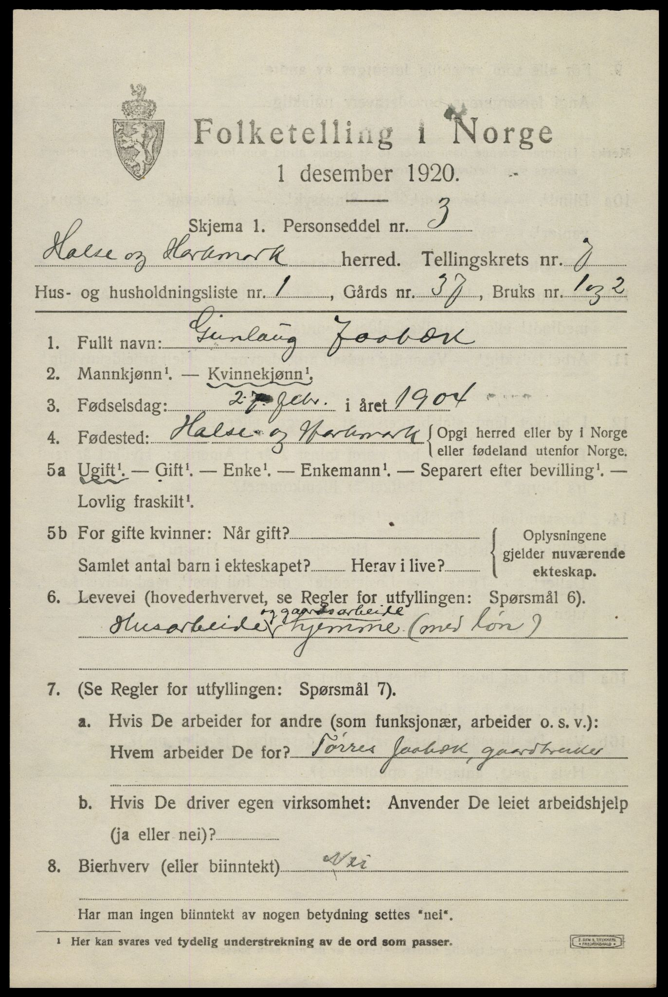 SAK, Folketelling 1920 for 1019 Halse og Harkmark herred, 1920, s. 3693