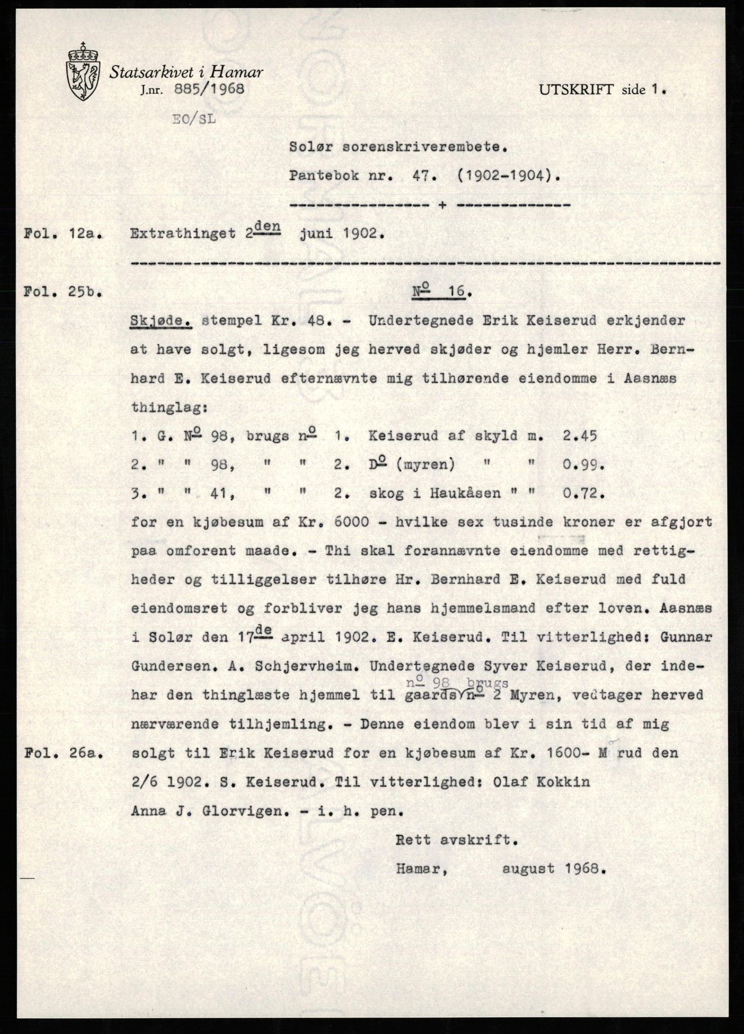 Avskriftssamlingen ved Statsarkivet i Hamar, AV/SAH-AVSKRIFT-001/H/Ht/Hta/L0047: Pantebok for Solør, 1902-1904
