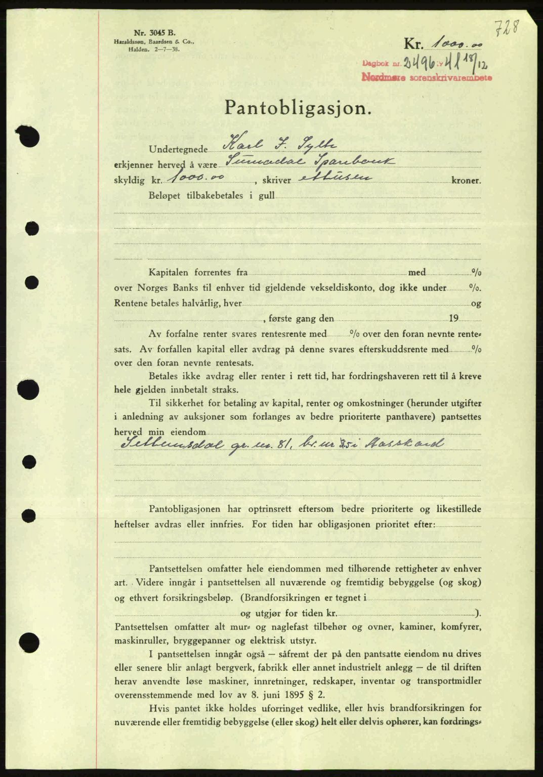 Nordmøre sorenskriveri, SAT/A-4132/1/2/2Ca: Pantebok nr. B88, 1941-1942, Dagboknr: 2496/1941