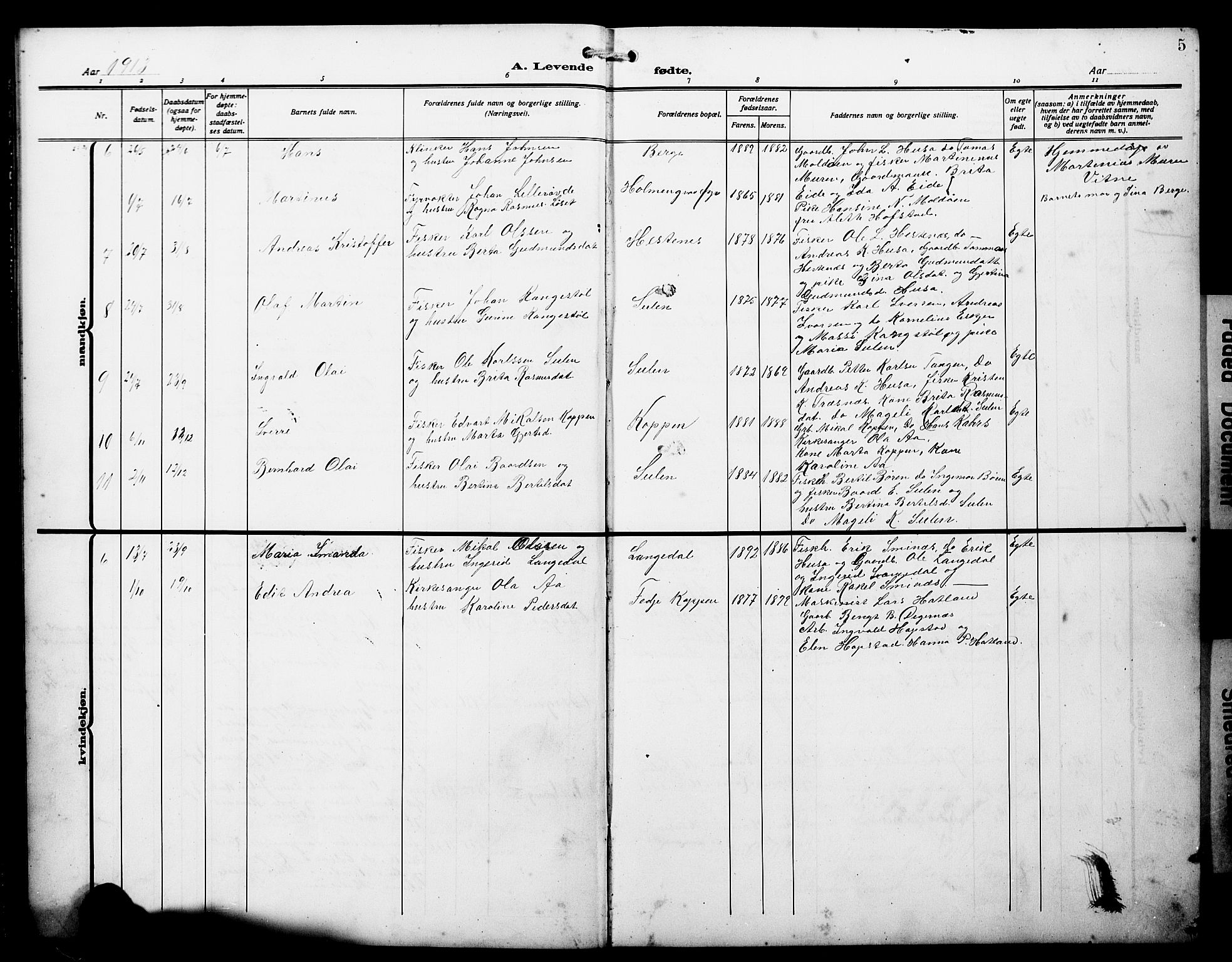 Lindås Sokneprestembete, AV/SAB-A-76701/H/Hab/Habd/L0004: Klokkerbok nr. D 4, 1913-1928, s. 5