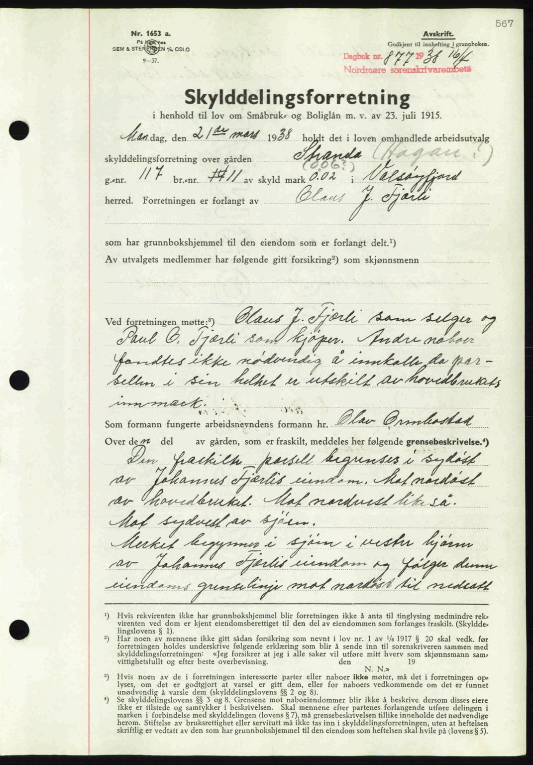 Nordmøre sorenskriveri, SAT/A-4132/1/2/2Ca: Pantebok nr. A83, 1938-1938, Dagboknr: 877/1938