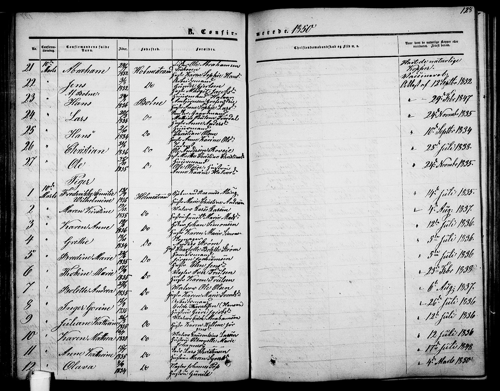 Holmestrand kirkebøker, AV/SAKO-A-346/G/Ga/L0003: Klokkerbok nr. 3, 1849-1874, s. 128