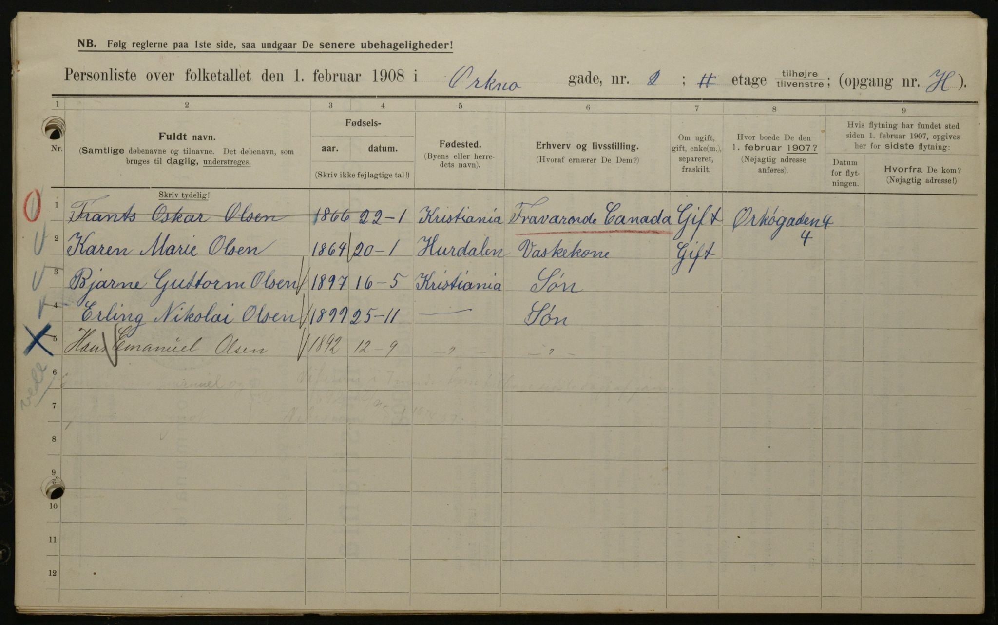 OBA, Kommunal folketelling 1.2.1908 for Kristiania kjøpstad, 1908, s. 68148