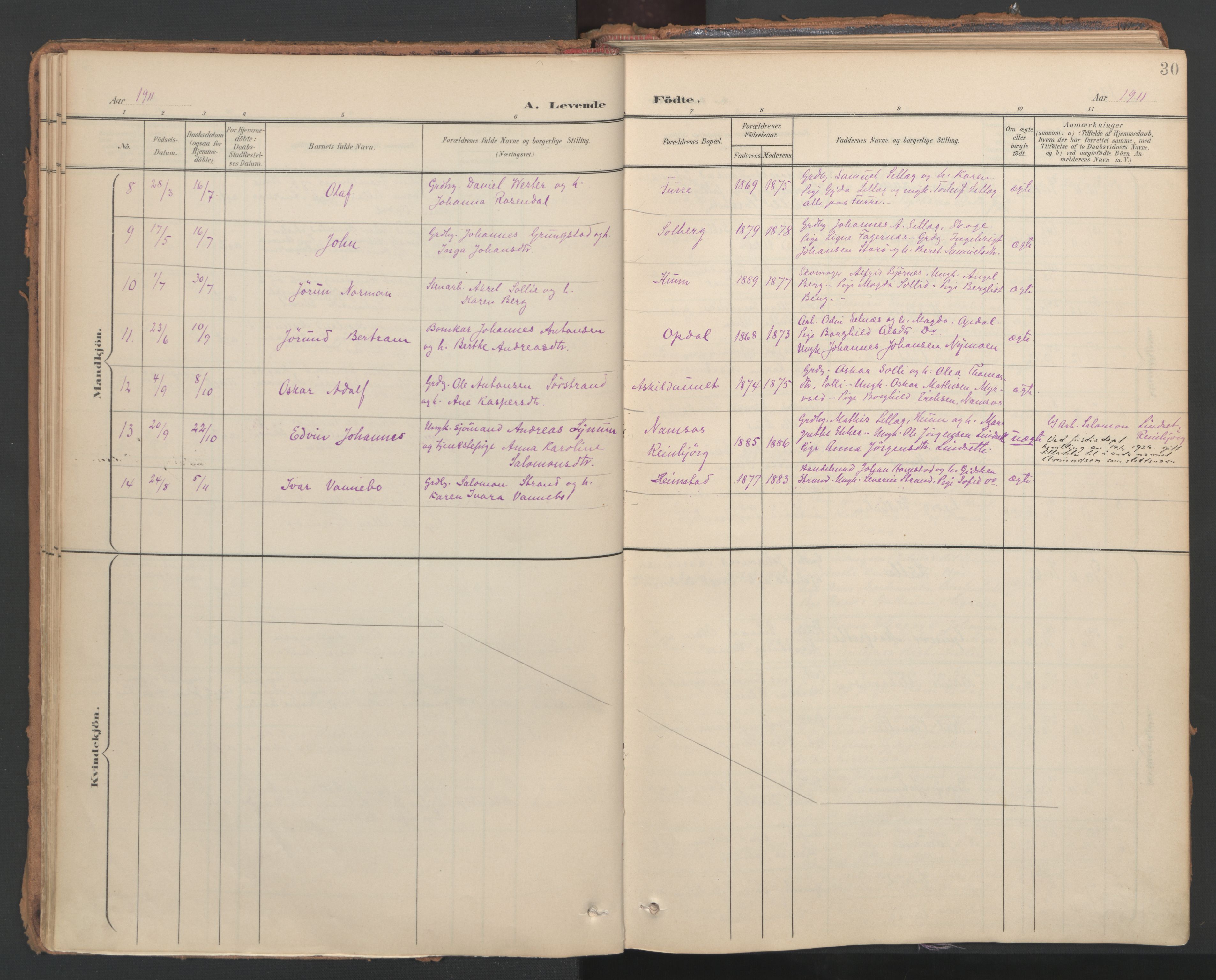 Ministerialprotokoller, klokkerbøker og fødselsregistre - Nord-Trøndelag, SAT/A-1458/766/L0564: Ministerialbok nr. 767A02, 1900-1932, s. 30