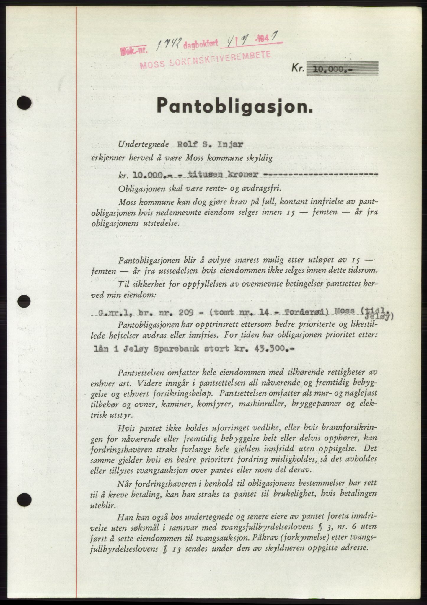 Moss sorenskriveri, SAO/A-10168: Pantebok nr. B17, 1947-1947, Dagboknr: 1742/1947
