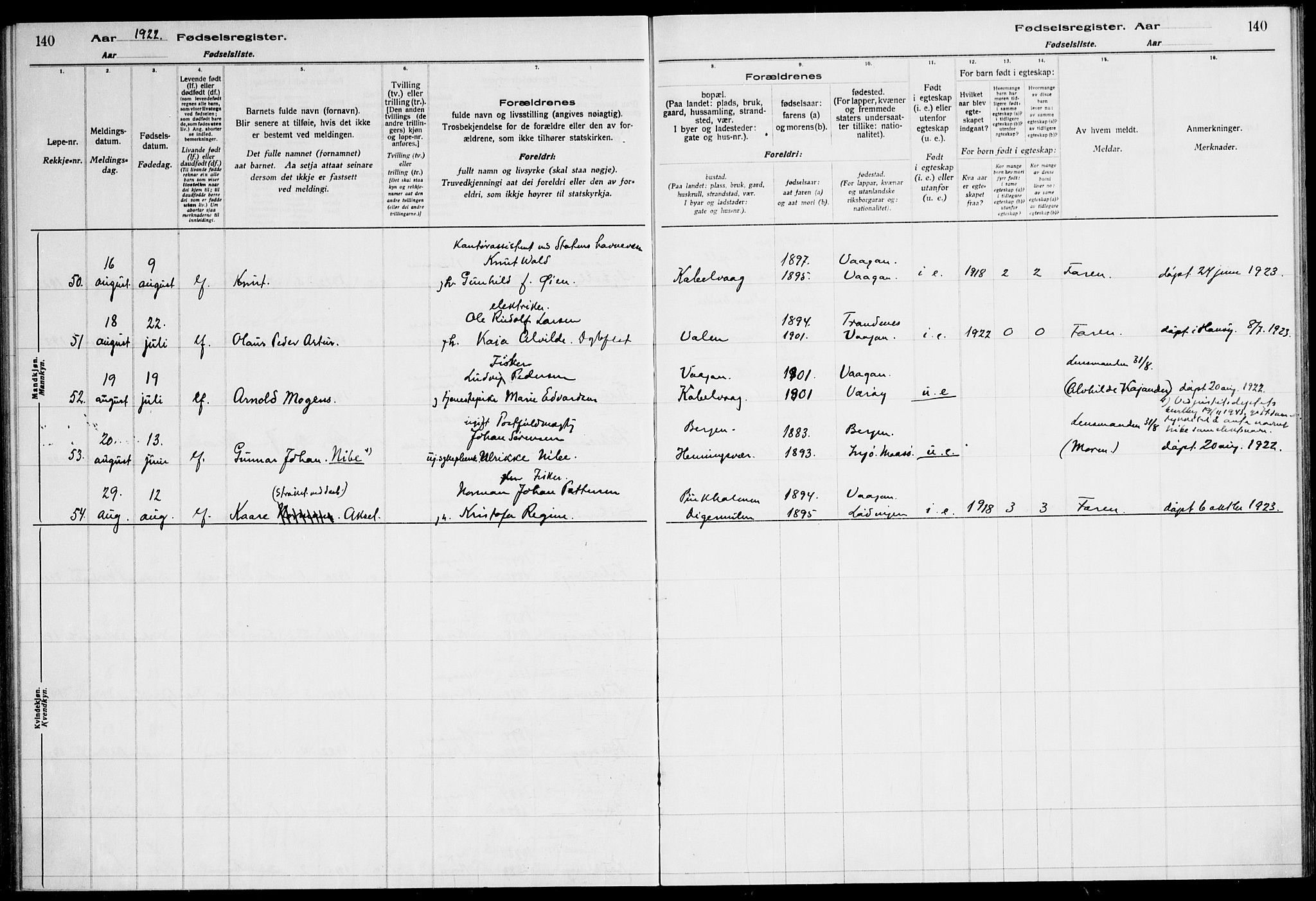 Ministerialprotokoller, klokkerbøker og fødselsregistre - Nordland, AV/SAT-A-1459/874/L1089: Fødselsregister nr. 874.II.4.1, 1916-1926, s. 140