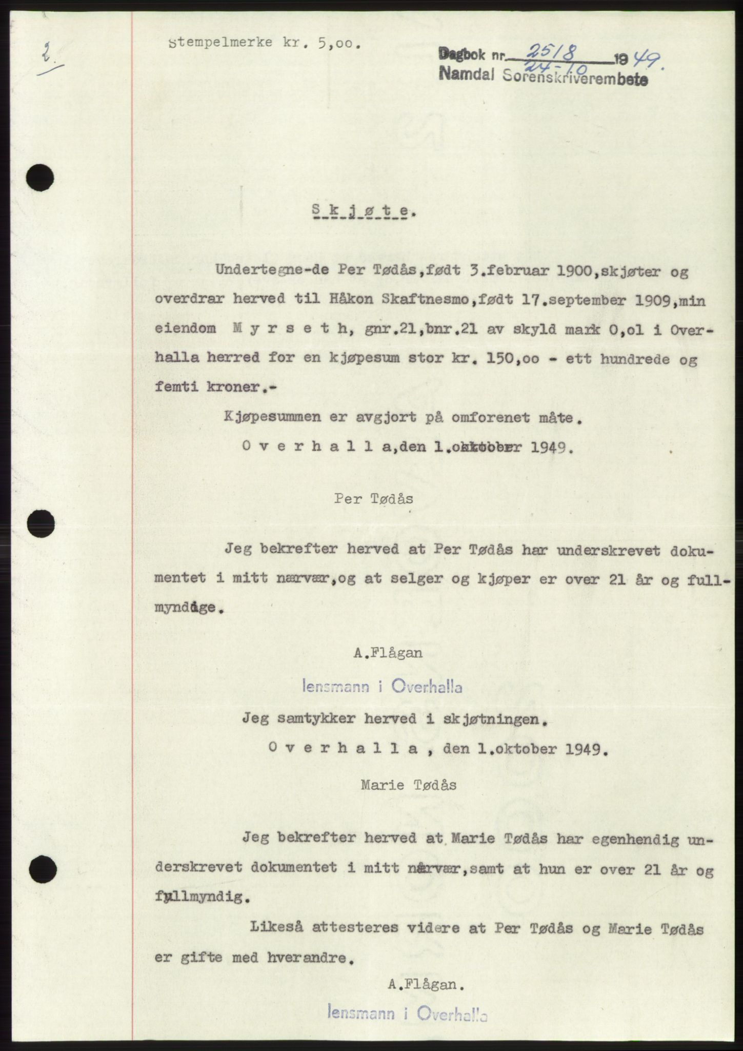Namdal sorenskriveri, SAT/A-4133/1/2/2C: Pantebok nr. -, 1949-1949, Dagboknr: 2518/1949
