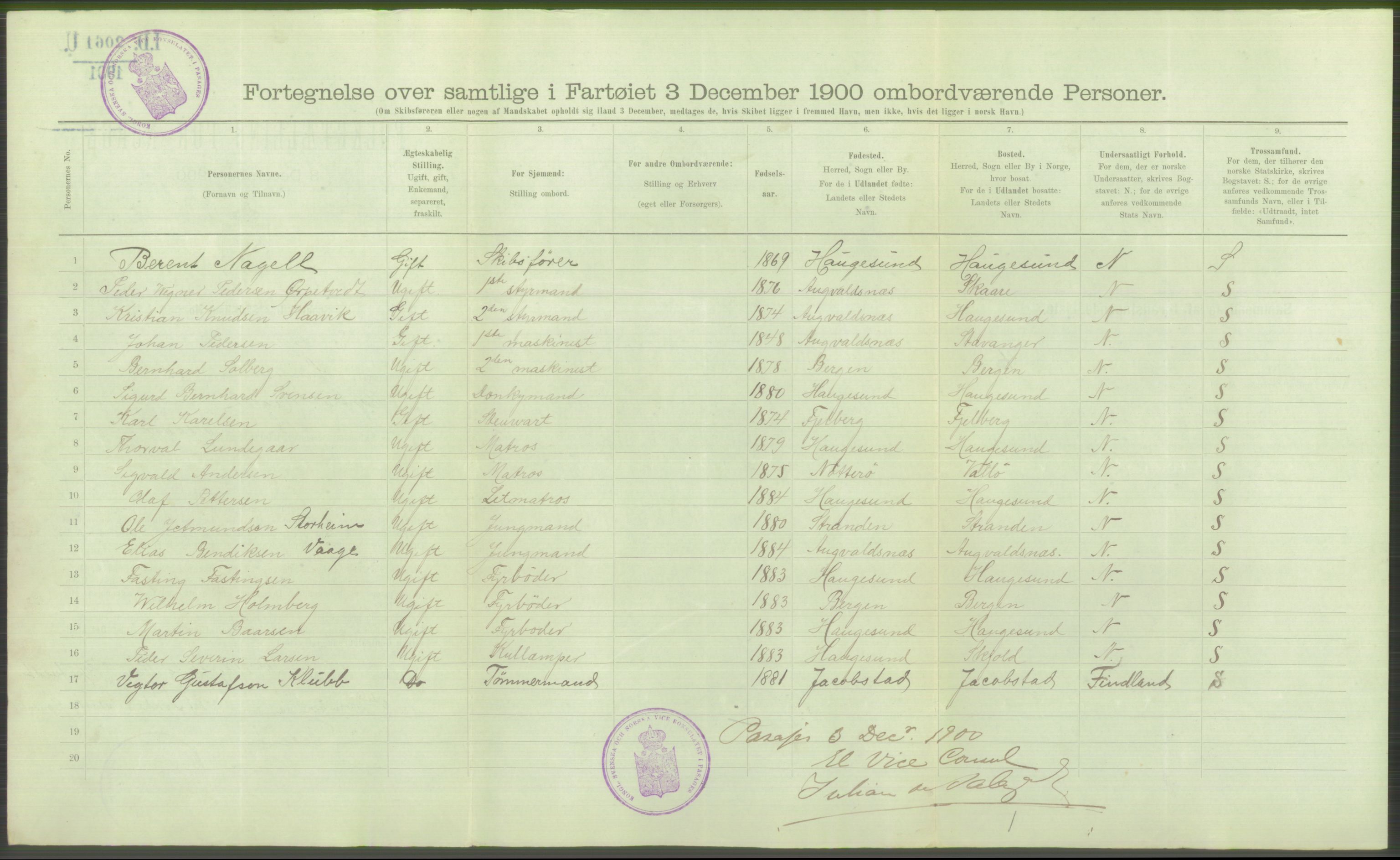 RA, Folketelling 1900 - skipslister med personlister for skip i norske havner, utenlandske havner og til havs, 1900, s. 4132