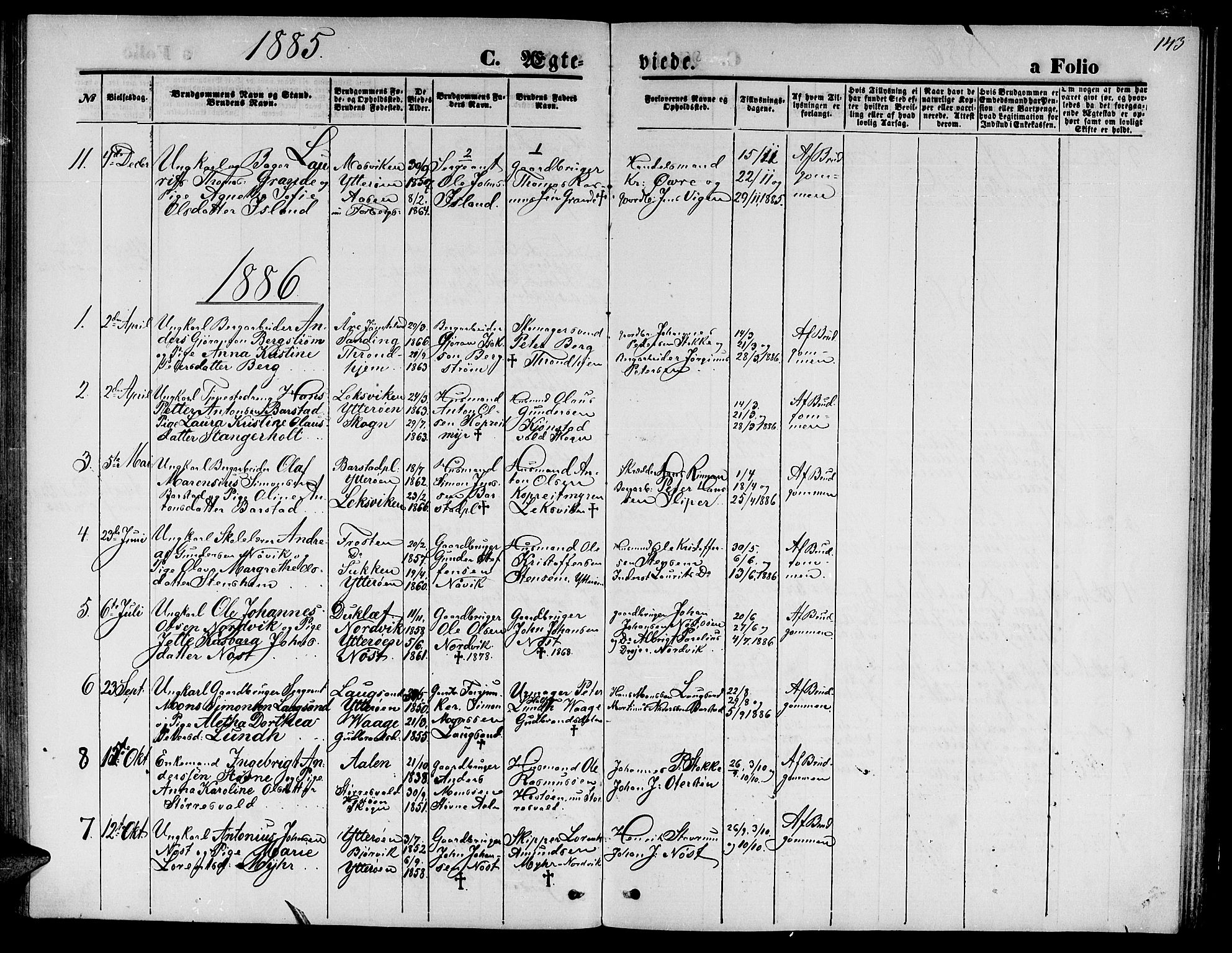 Ministerialprotokoller, klokkerbøker og fødselsregistre - Nord-Trøndelag, SAT/A-1458/722/L0225: Klokkerbok nr. 722C01, 1871-1888, s. 143