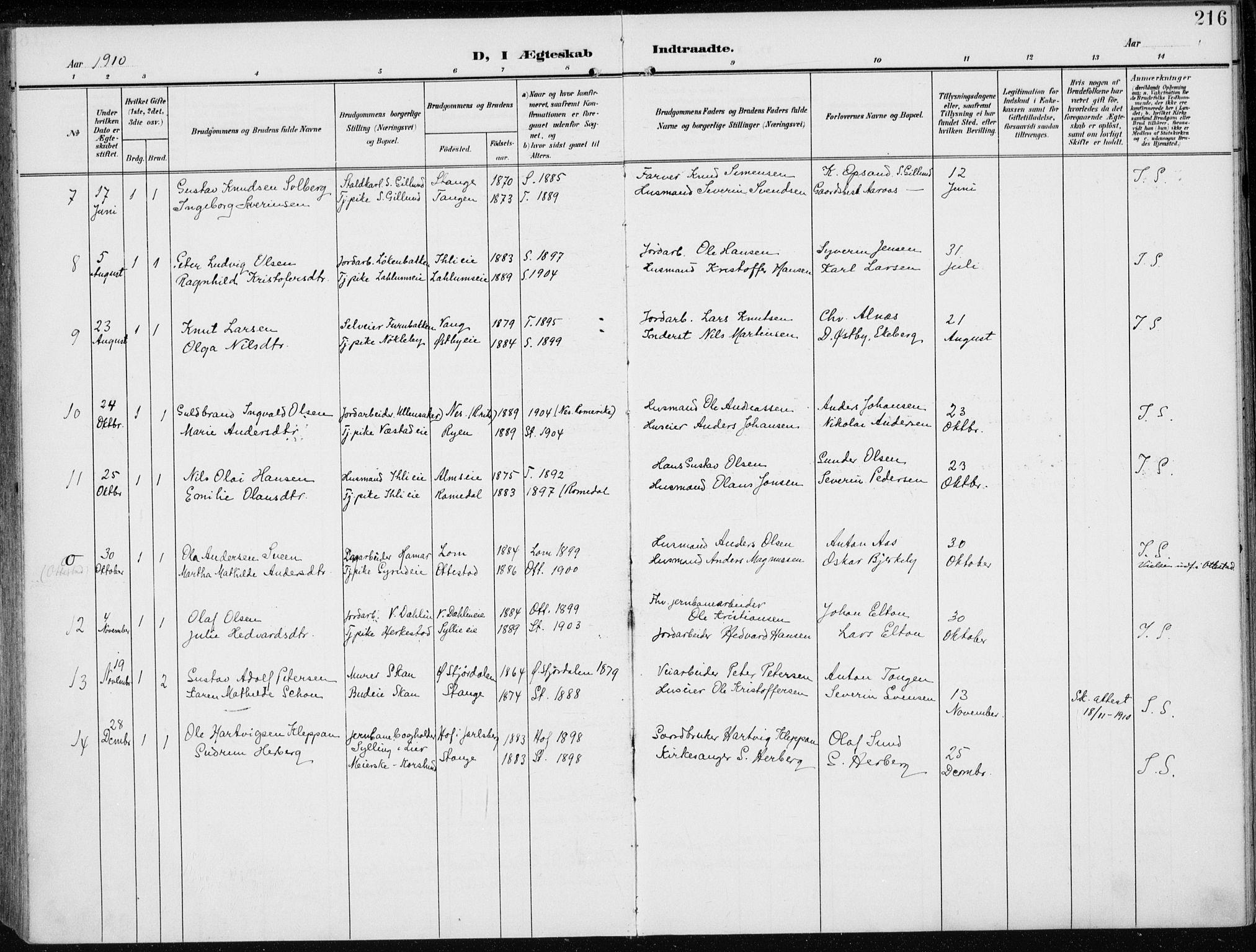 Stange prestekontor, AV/SAH-PREST-002/K/L0024: Ministerialbok nr. 24, 1906-1922, s. 216