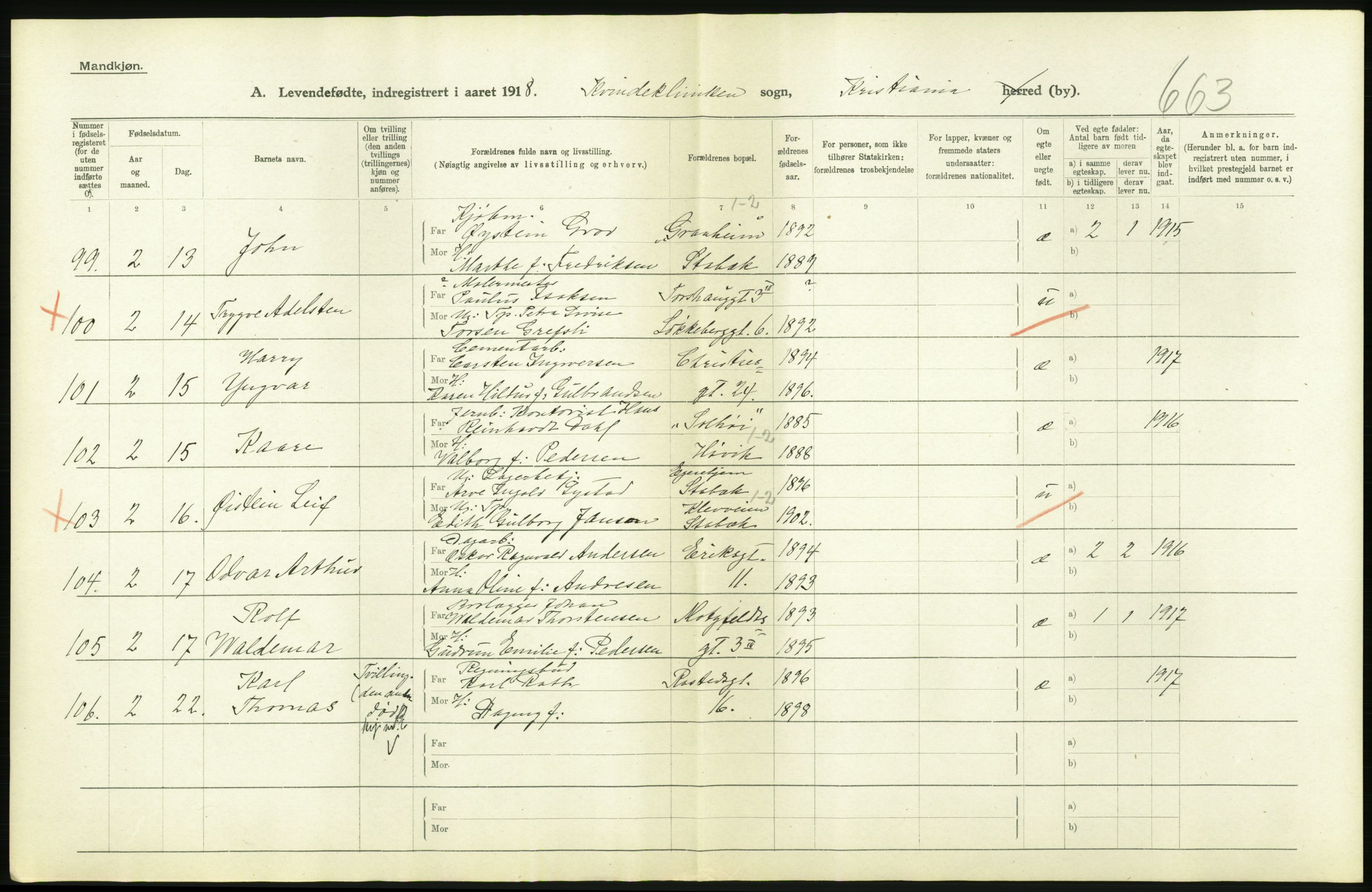 Statistisk sentralbyrå, Sosiodemografiske emner, Befolkning, AV/RA-S-2228/D/Df/Dfb/Dfbh/L0008: Kristiania: Levendefødte menn og kvinner., 1918, s. 410