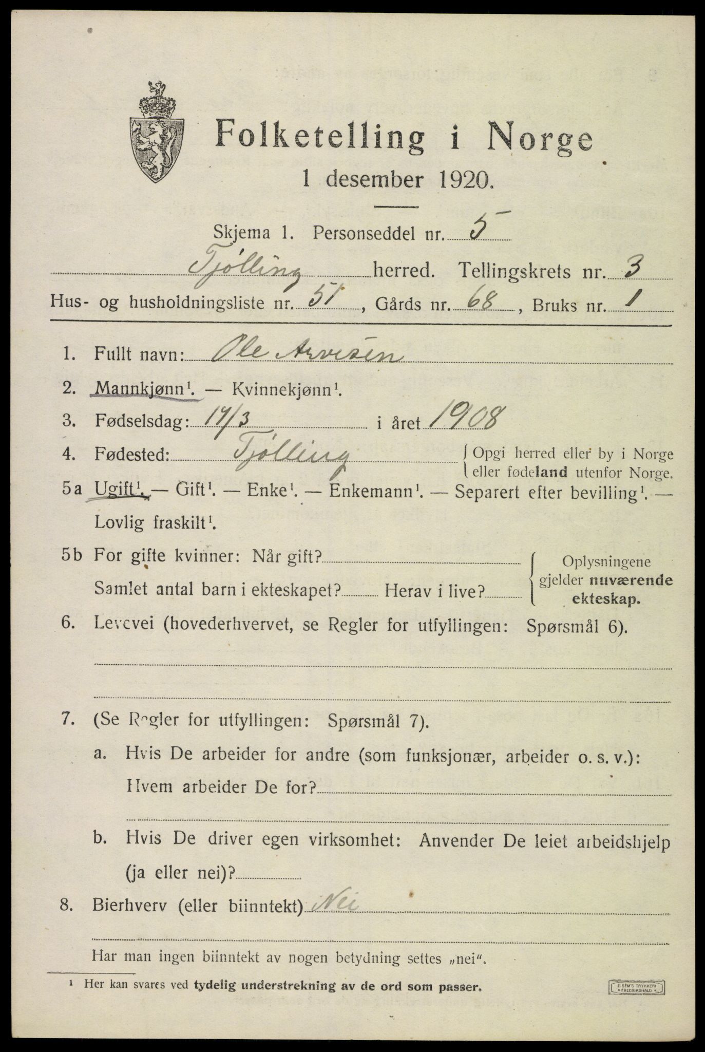 SAKO, Folketelling 1920 for 0725 Tjølling herred, 1920, s. 7491
