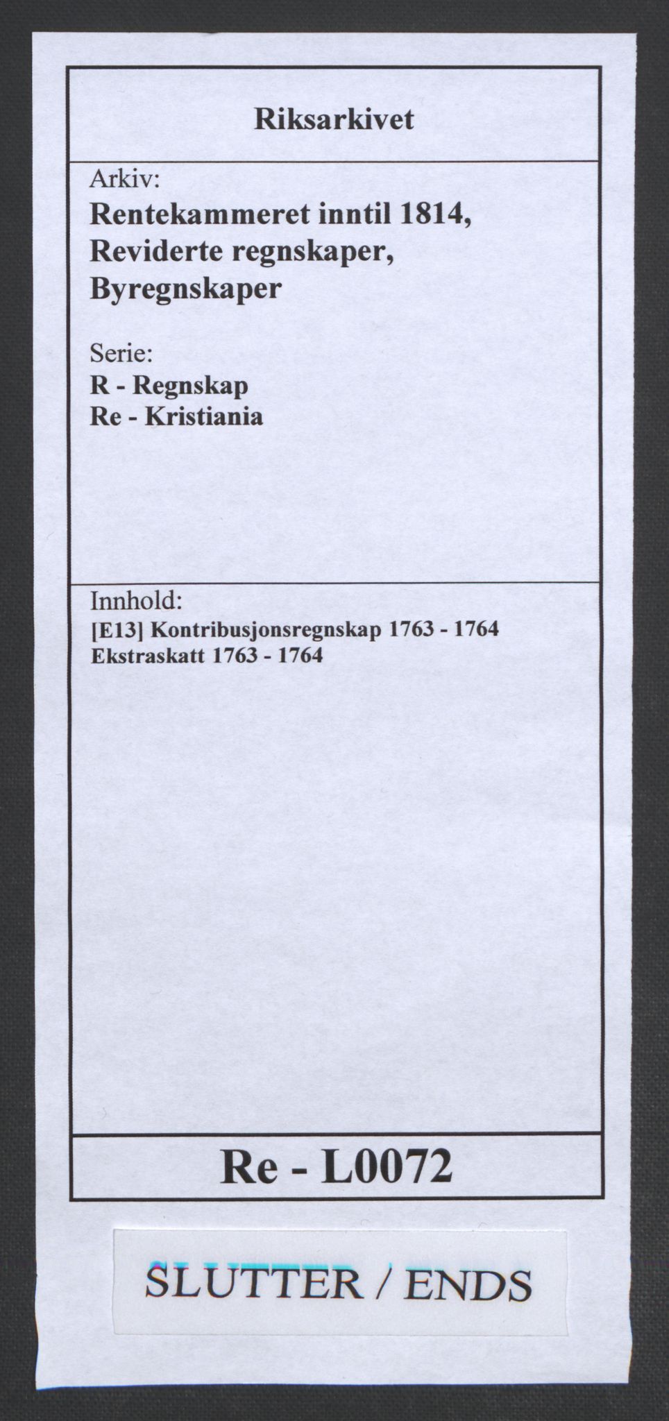 Rentekammeret inntil 1814, Reviderte regnskaper, Byregnskaper, RA/EA-4066/R/Re/L0072/0001: [E13] Kontribusjonsregnskap / Ekstraskatt, 1763-1764, s. 456