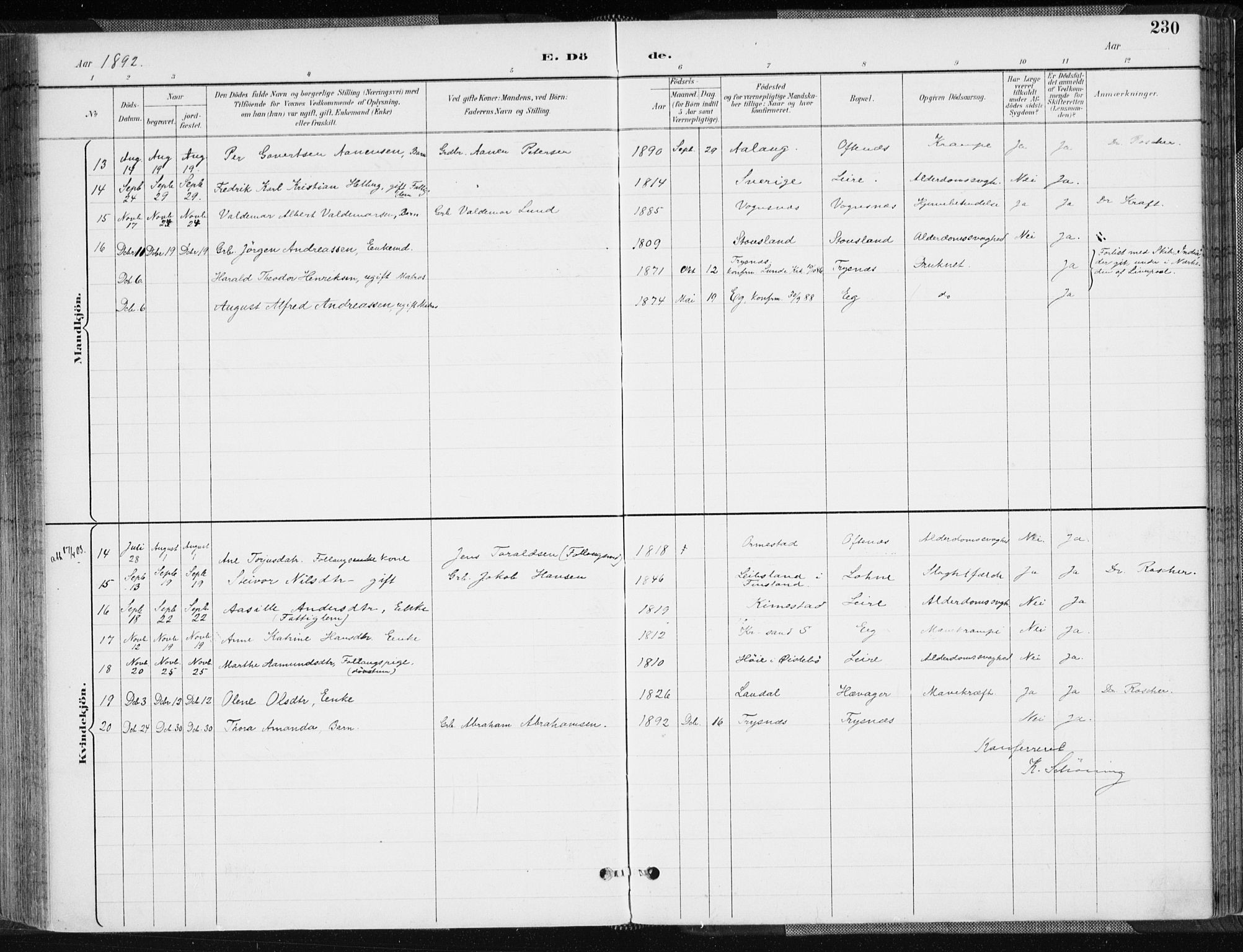 Søgne sokneprestkontor, SAK/1111-0037/F/Fa/Fab/L0013: Ministerialbok nr. A 13, 1892-1911, s. 230