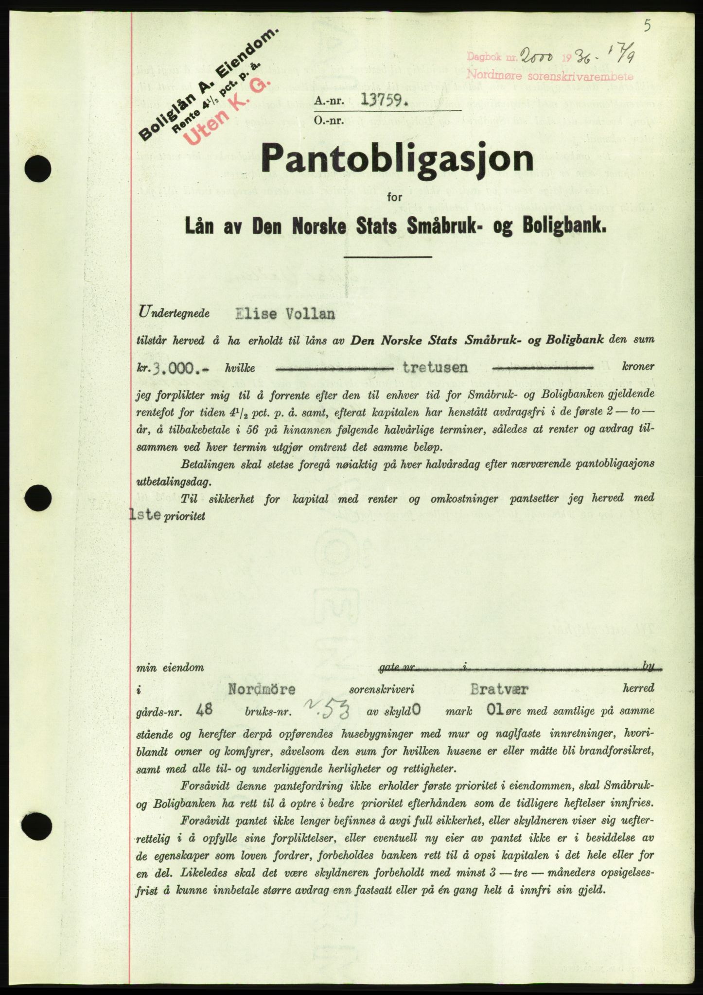 Nordmøre sorenskriveri, AV/SAT-A-4132/1/2/2Ca/L0090: Pantebok nr. B80, 1936-1937, Dagboknr: 2000/1936