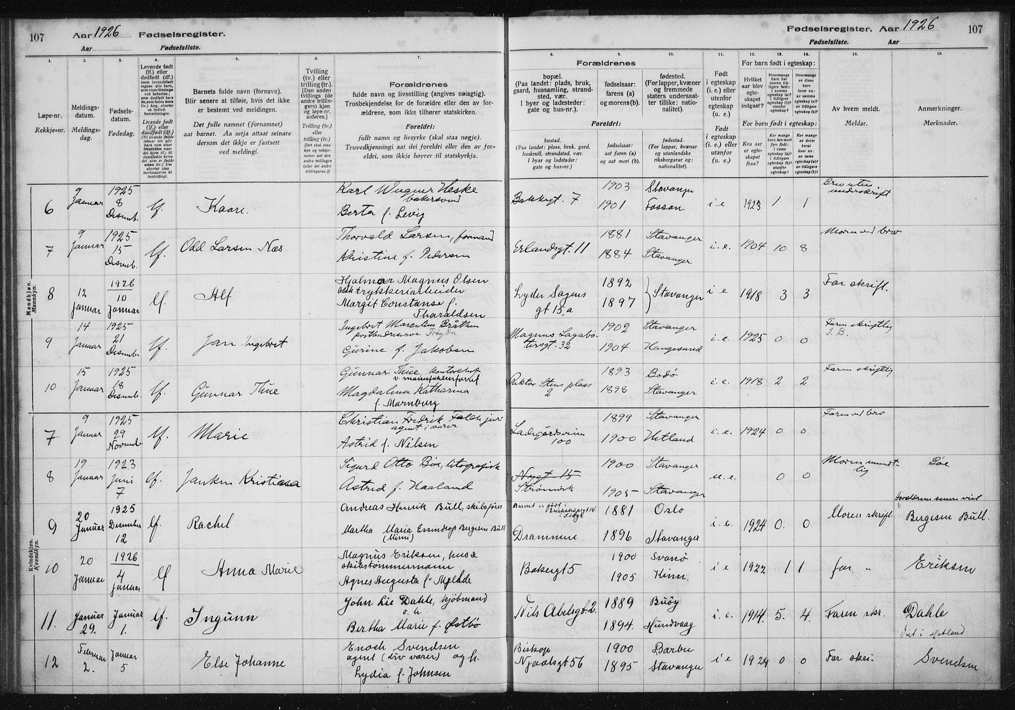 St. Petri sokneprestkontor, AV/SAST-A-101813/002/A/L0002: Fødselsregister nr. 2, 1922-1929, s. 107